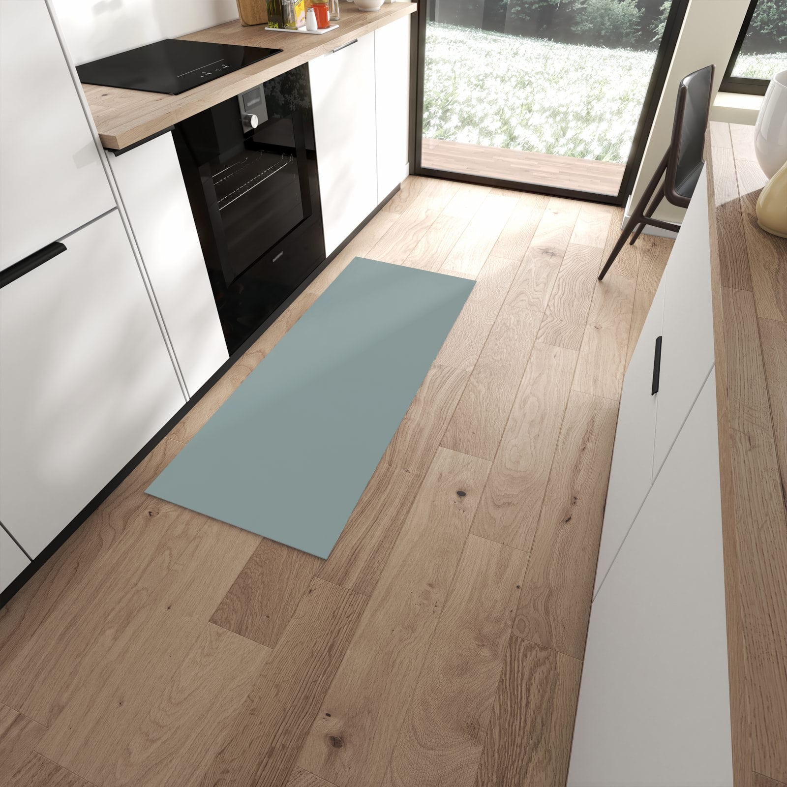 Küchenläufer mit grauem Hintergrund-Motiv in moderner Küche, zeitsparend pflegeleicht #grösse_60 x 150 cm