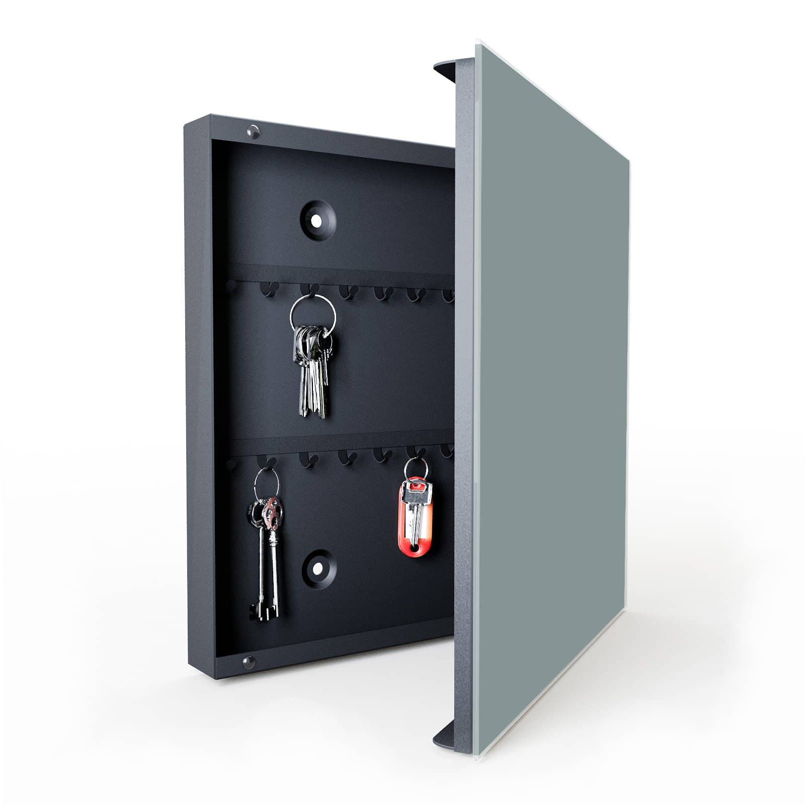 Bruchsicherer Schlüsselkasten mit Glasscheibe und Motiv Grauer Hintergrund I in geöffneter Innenansicht