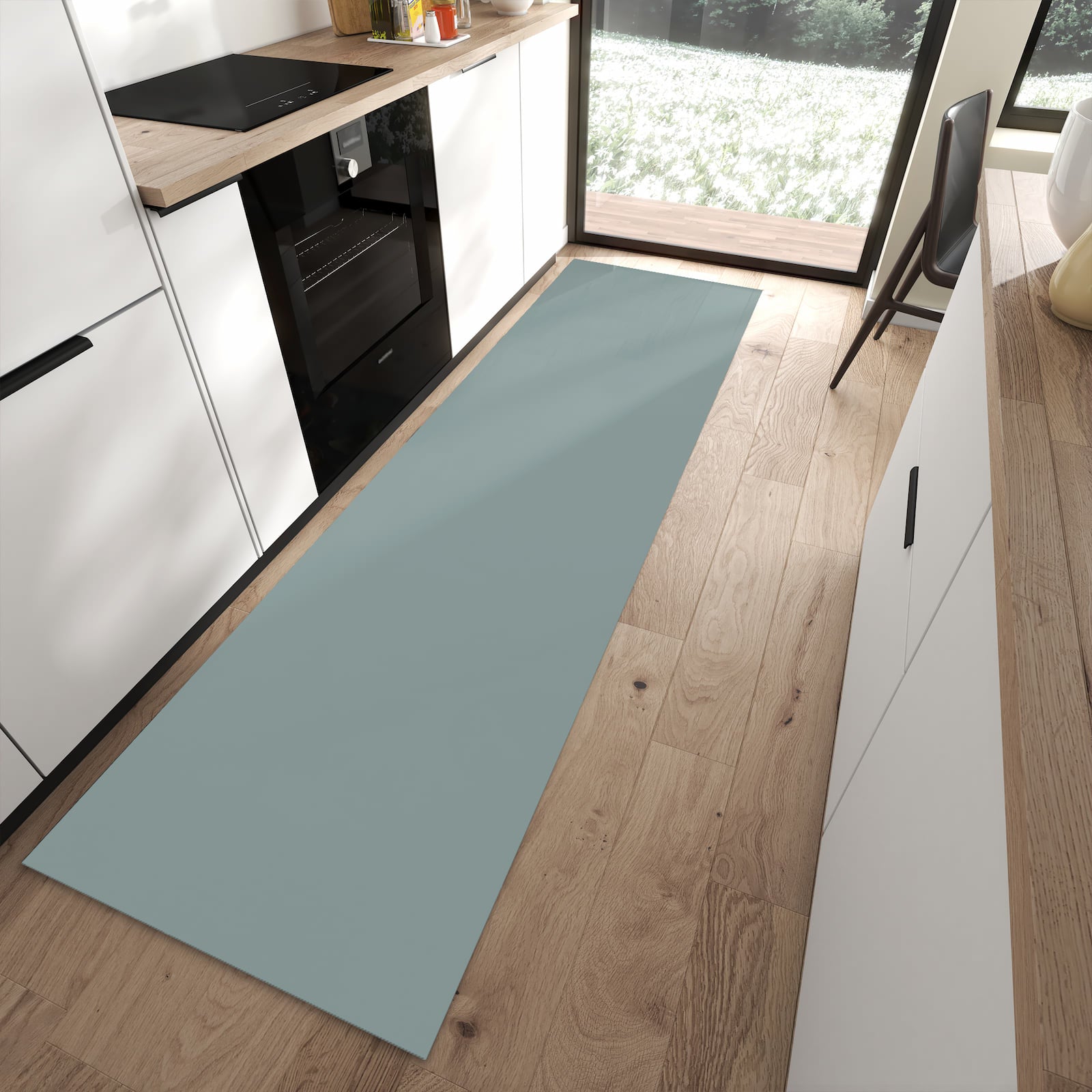 Teppichläufer Küche mit Grauer Hintergrund-Motiv in moderner Küche, schützt Boden