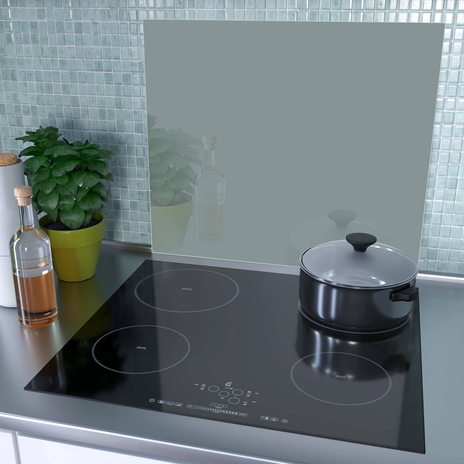 1-teilige Herdabdeckplatte aus Glas mit Grauer Hintergrund I-Motiv als Spritzschutz hinter dem Kochfeld
