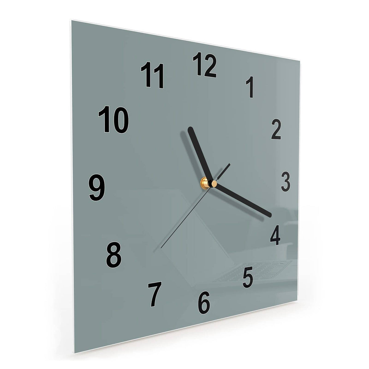 Quadratische Wanduhr aus Glas Steingrau schräg von der Seite, 4 mm starkes Glas
