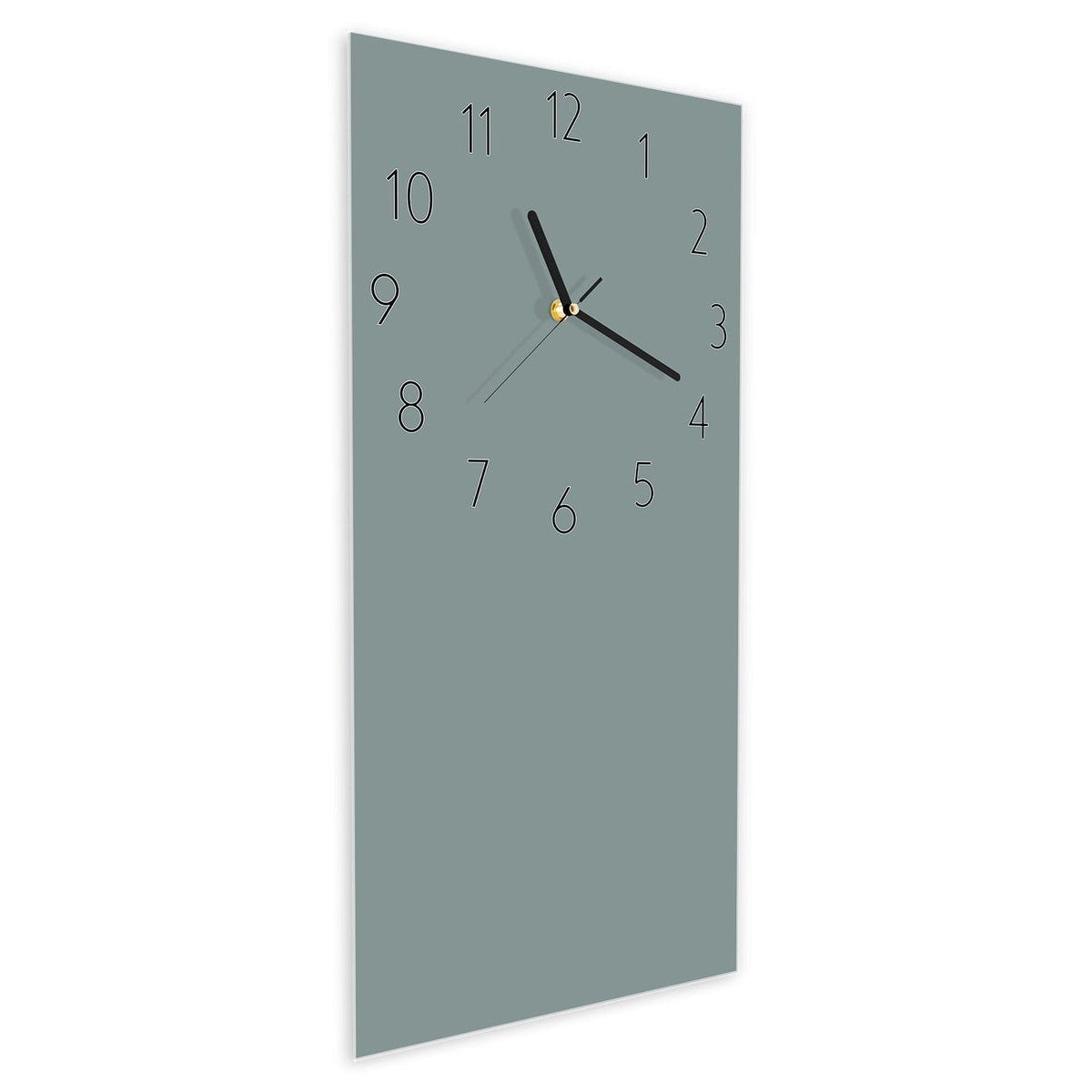 Wanduhr aus Glas im Hochformat Steingrau schräg von der Seite, 4 mm starkes Glas