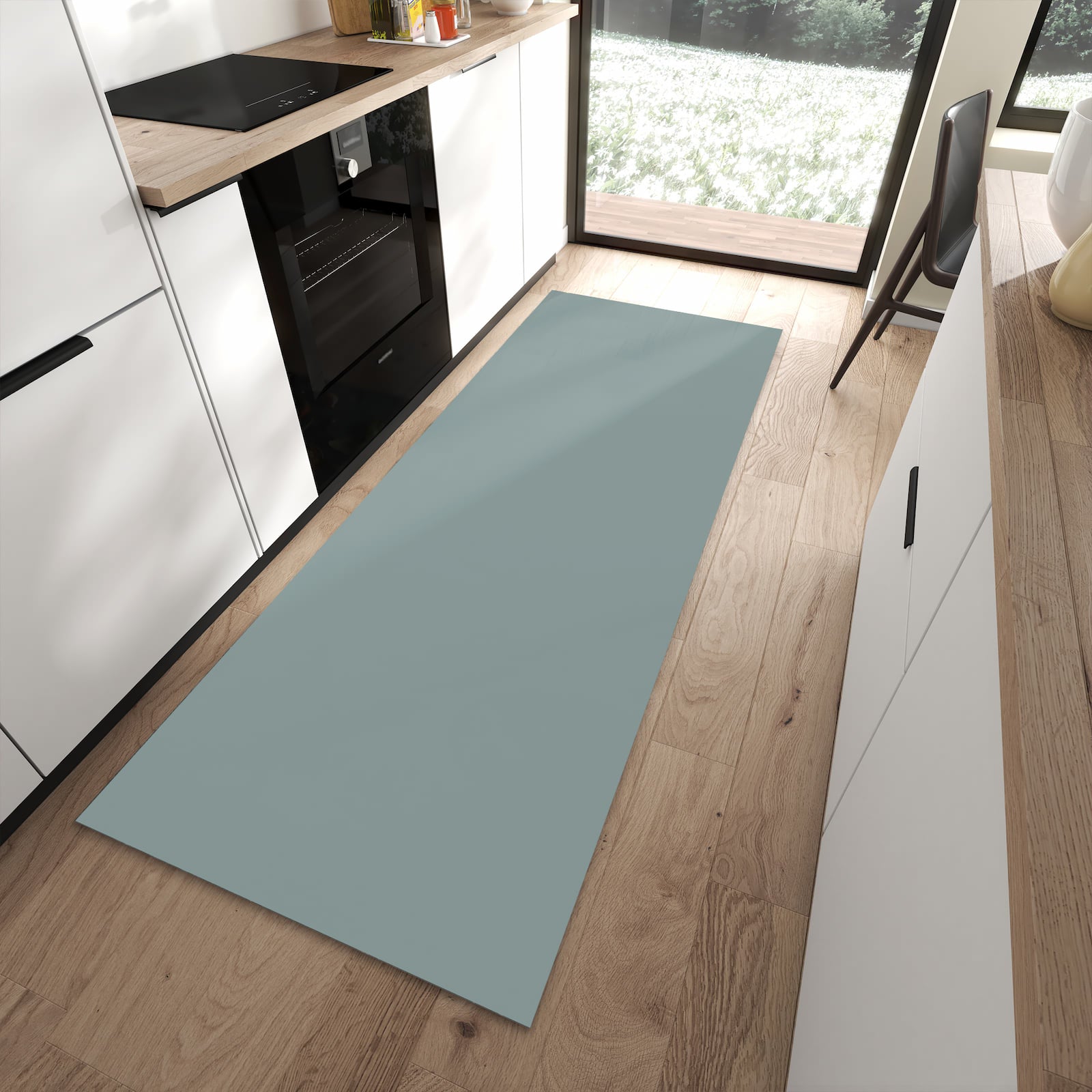 Rutschfester Teppich für Flur mit Grauer Hintergrund-Motiv in moderner Küche