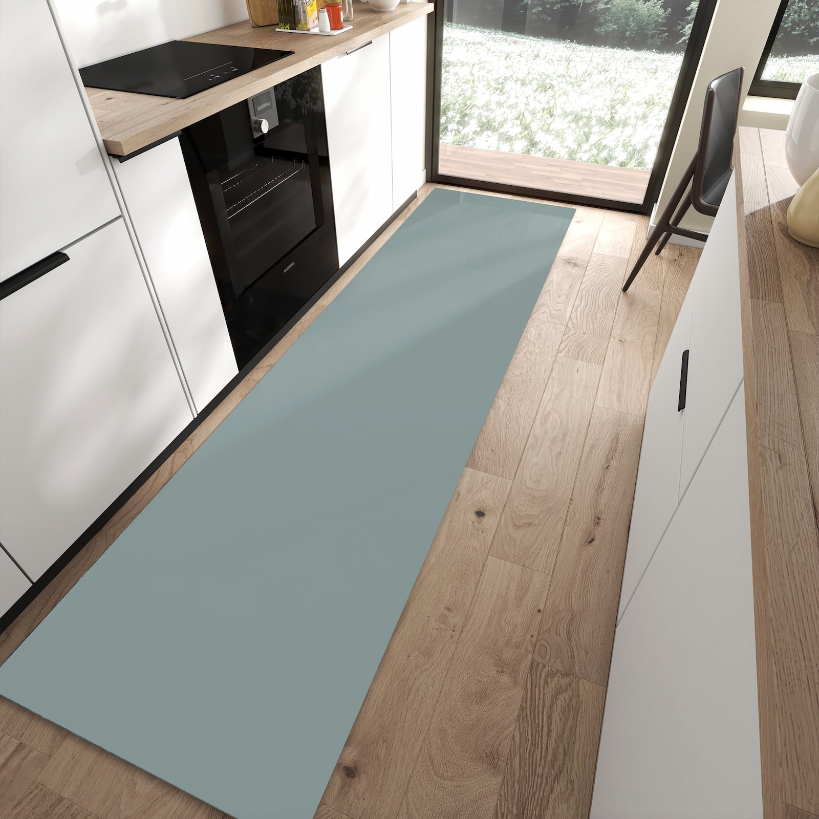 Flacher waschbarer Küchenläufer mit Grauer Hintergrund I-Motiv in moderner Küche