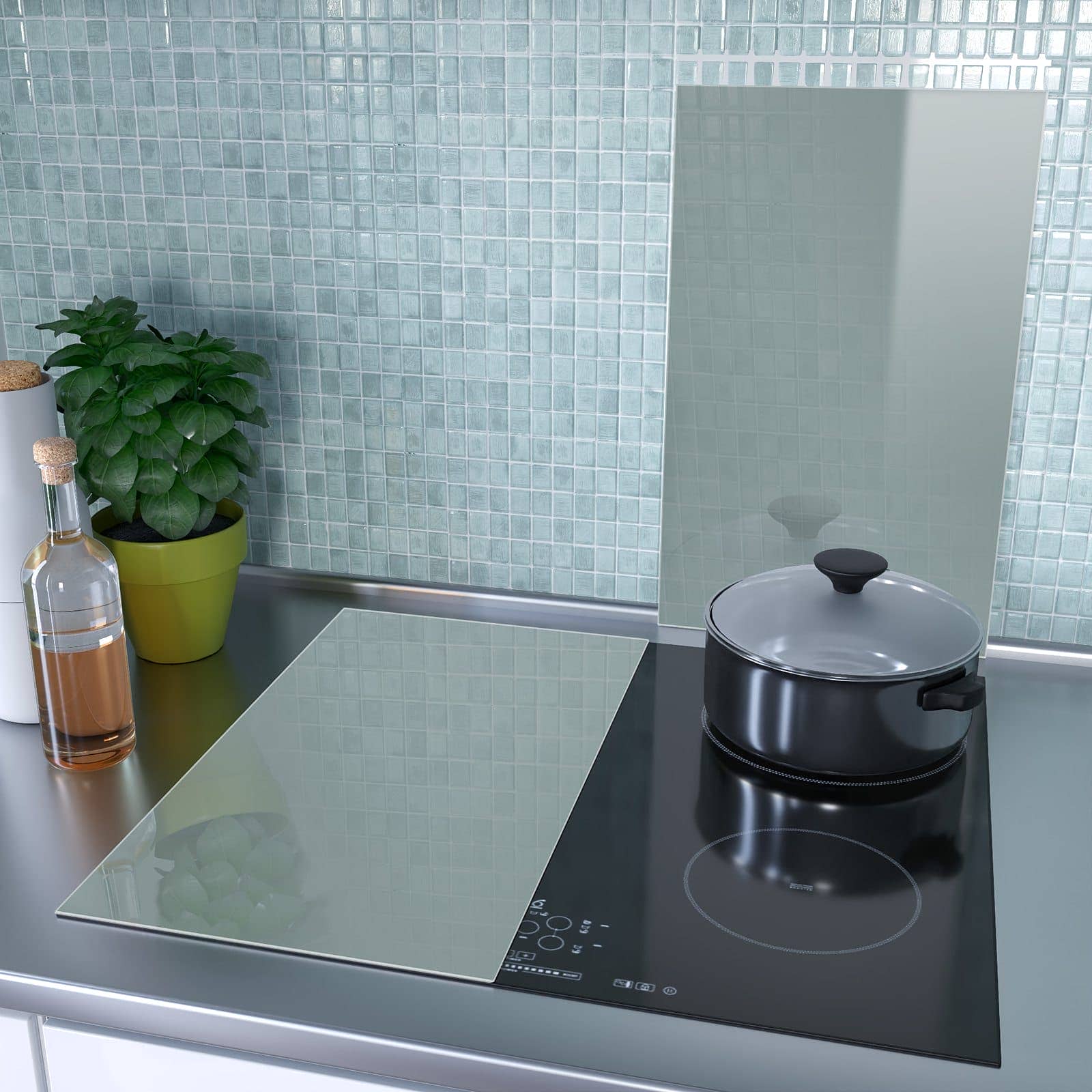 2-teilige Herdabdeckplatten mit Grauer Hintergrund I-Motiv als Spritzschutz hinter dem Kochfeld