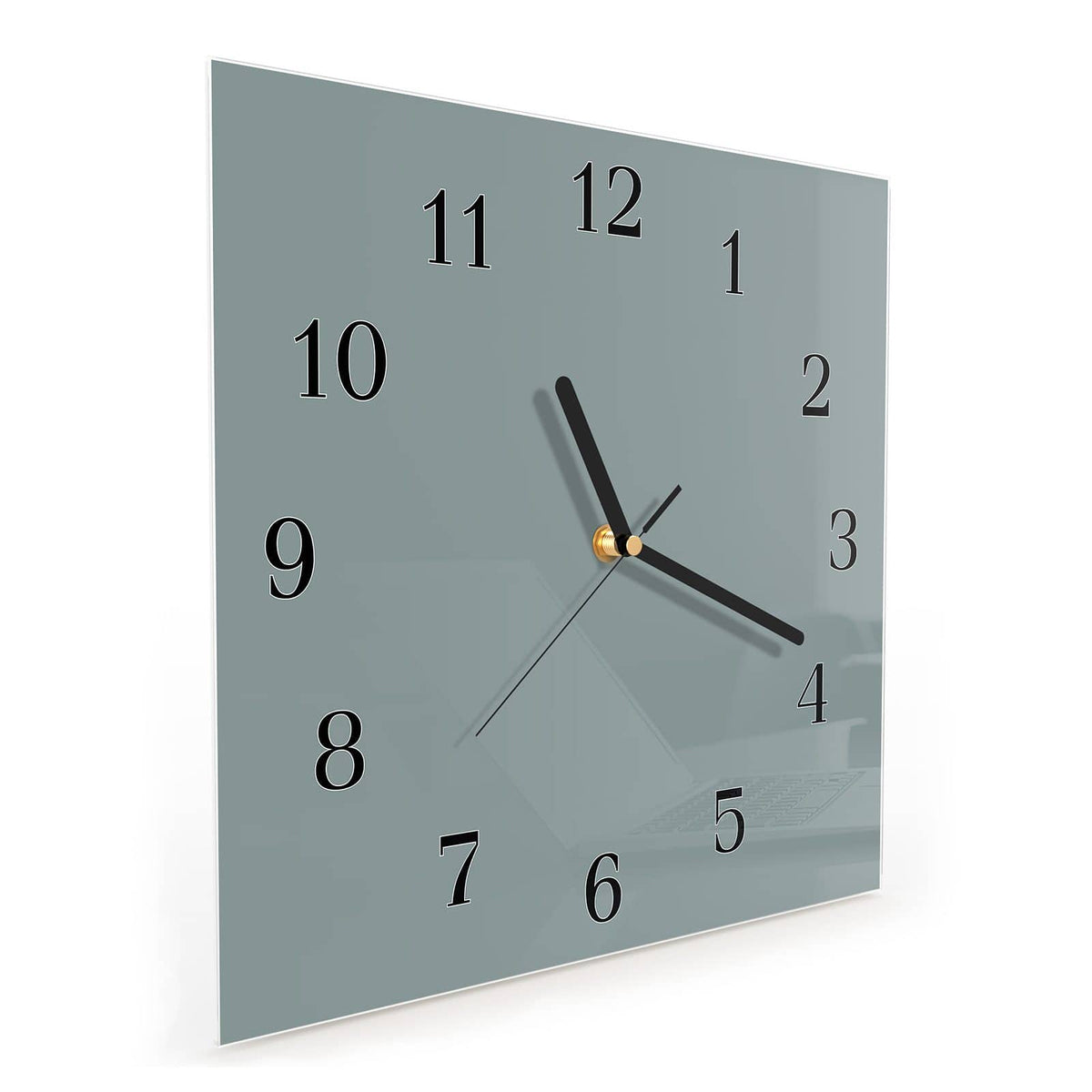 Quadratische Wanduhr aus Glas Steingrau schräg von der Seite, 4 mm starkes Glas