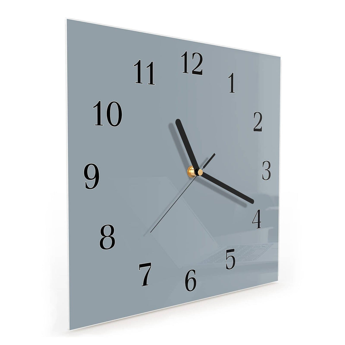 Quadratische Wanduhr aus Glas Schiefergrau schräg von der Seite, 4 mm starkes Glas