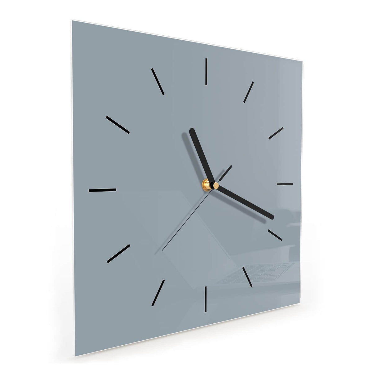 Quadratische Wanduhr aus Glas Schiefergrau schräg von der Seite, 4 mm starkes Glas