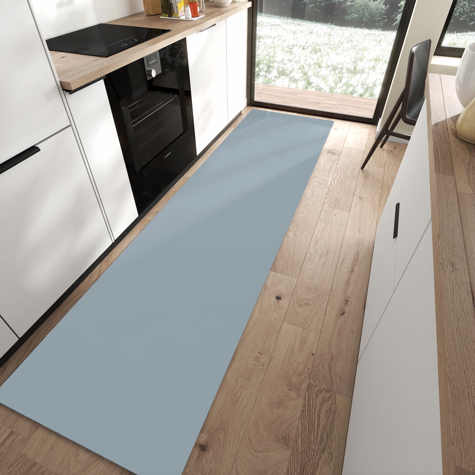 Dünner Küchenläufer mit Grauer Hintergrund II-Motiv in moderner Küche, bodenschonend