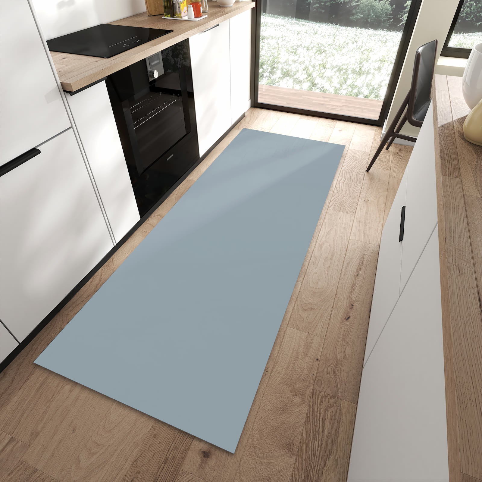 Dünner Küchenläufer mit Grauer Hintergrund II-Motiv in moderner Küche, UV-beständig