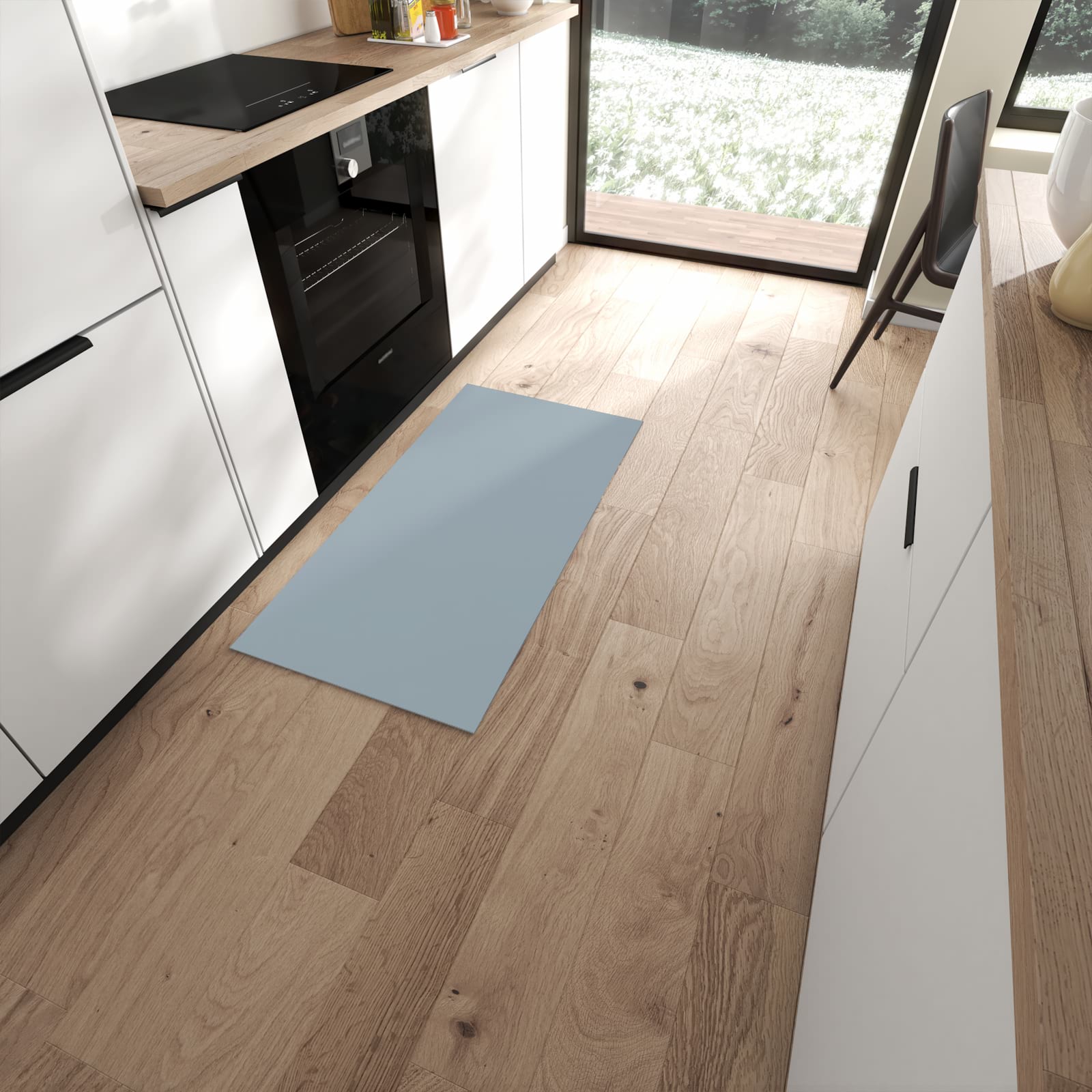 Langlebiger Küchenvorleger mit Grauer Hintergrund II-Motiv in moderner Küche #grösse_60 x 120 cm