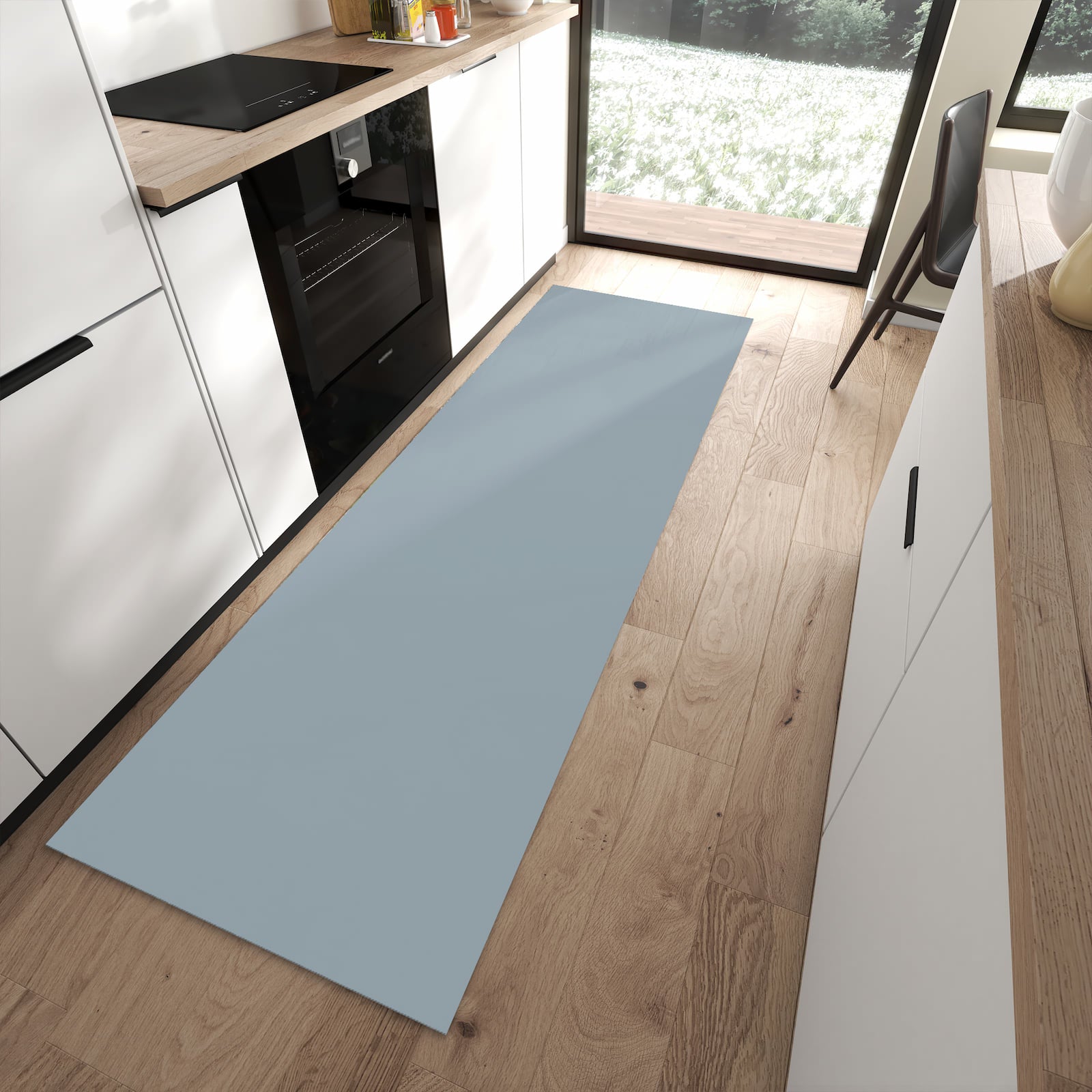 Küchenläufer mit Grauer Hintergrund II-Motiv in moderner Küche, angenehme Haptik