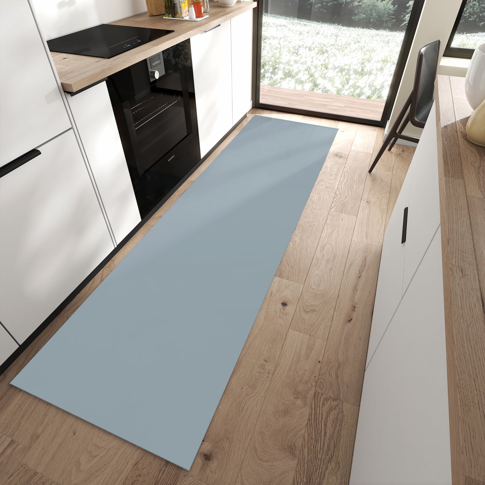 Rutschfester Küchenläufer mit Grauer Hintergrund II-Motiv in moderner Küche, abriebfest