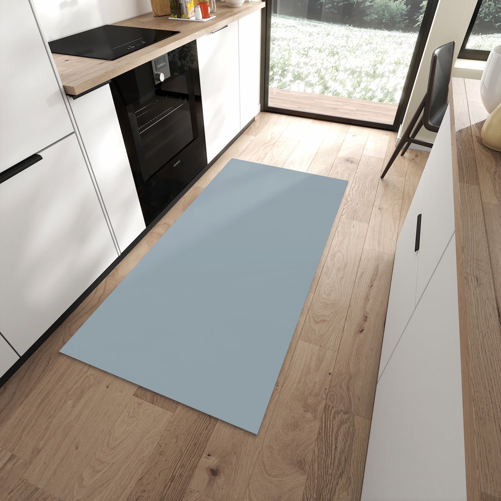 Rutschfester Küchenläufer mit Grauer Hintergrund II-Motiv in moderner Küche