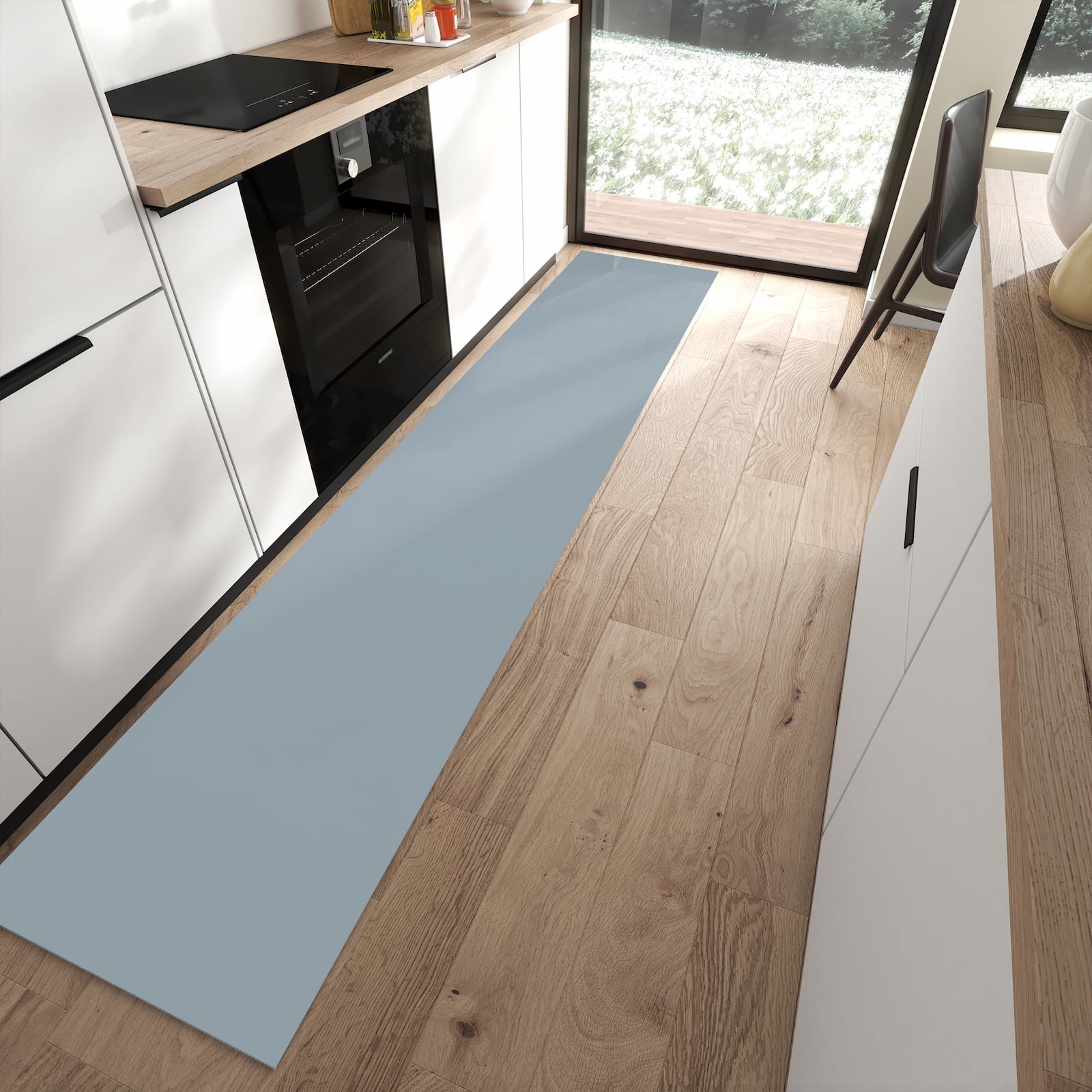 Hygienischer waschbarer Läufer mit Grauer Hintergrund II-Motiv in moderner Küche