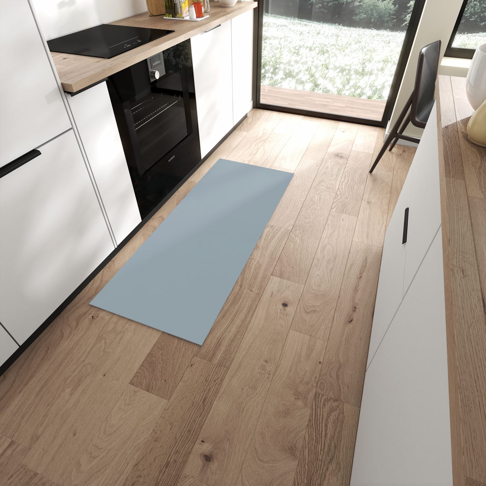 Waschbarer Kuechenläufer mit Grauer Hintergrund II-Motiv in moderner Küche #grösse_60 x 150 cm