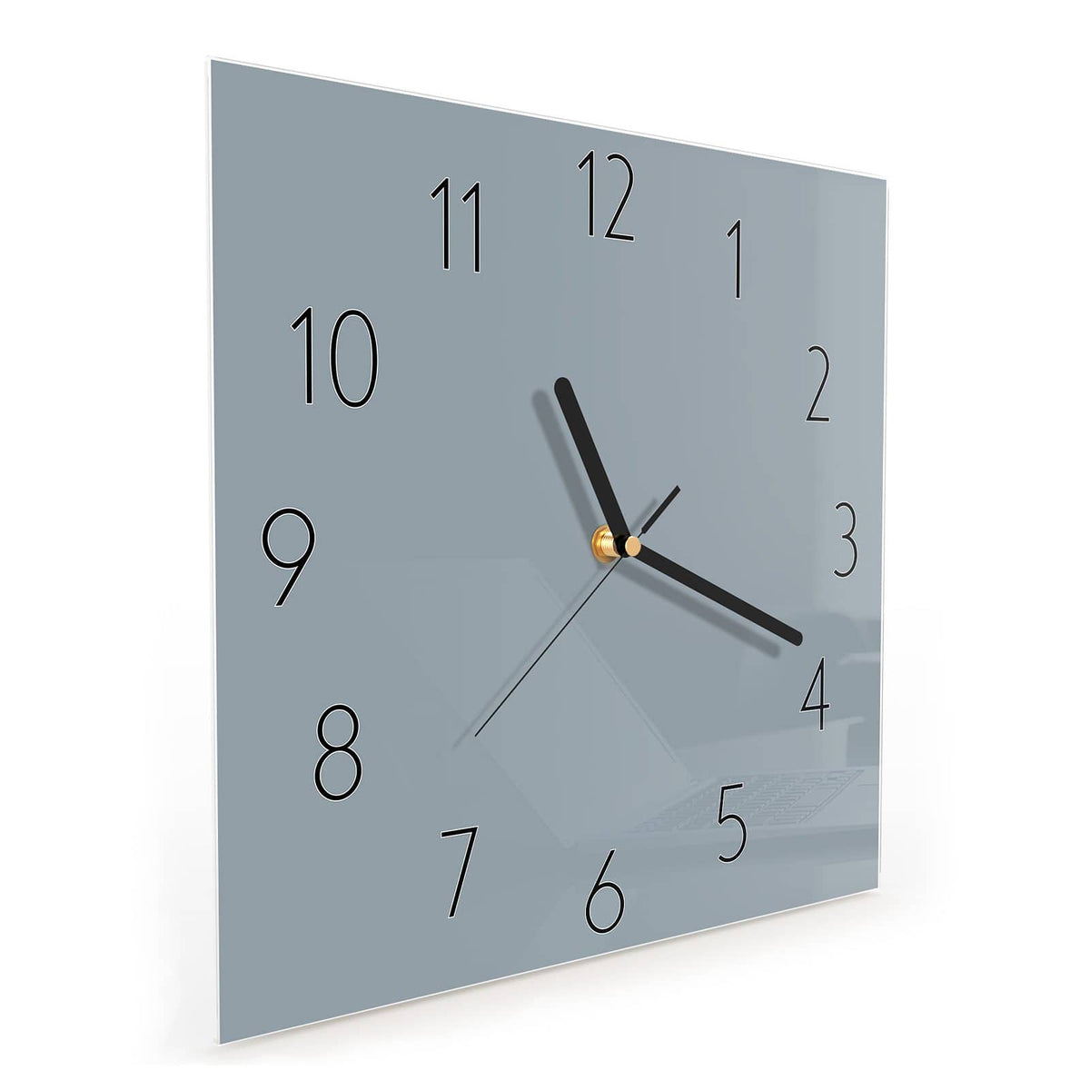 Quadratische Wanduhr aus Glas Schiefergrau schräg von der Seite, 4 mm starkes Glas
