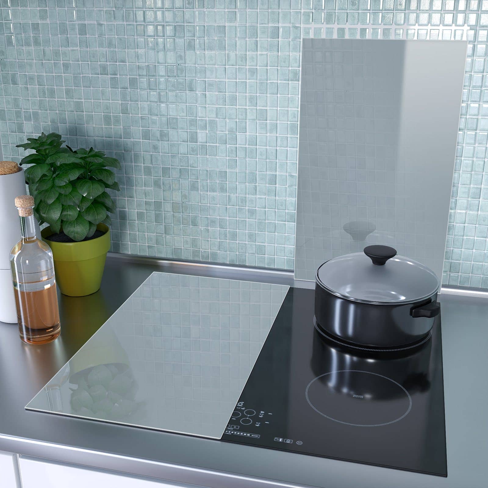 2-teilige Herdabdeckplatte mit Grauer Hintergrund II-Motiv als Spritzschutz hinter dem Kochfeld
