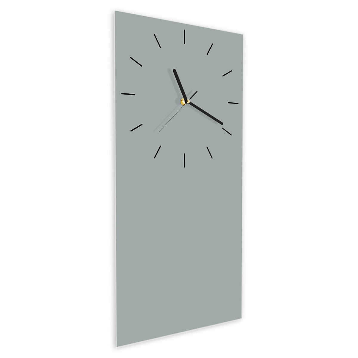 Wanduhr aus Glas im Hochformat Nebelgrau schräg von der Seite, 4 mm starkes Glas