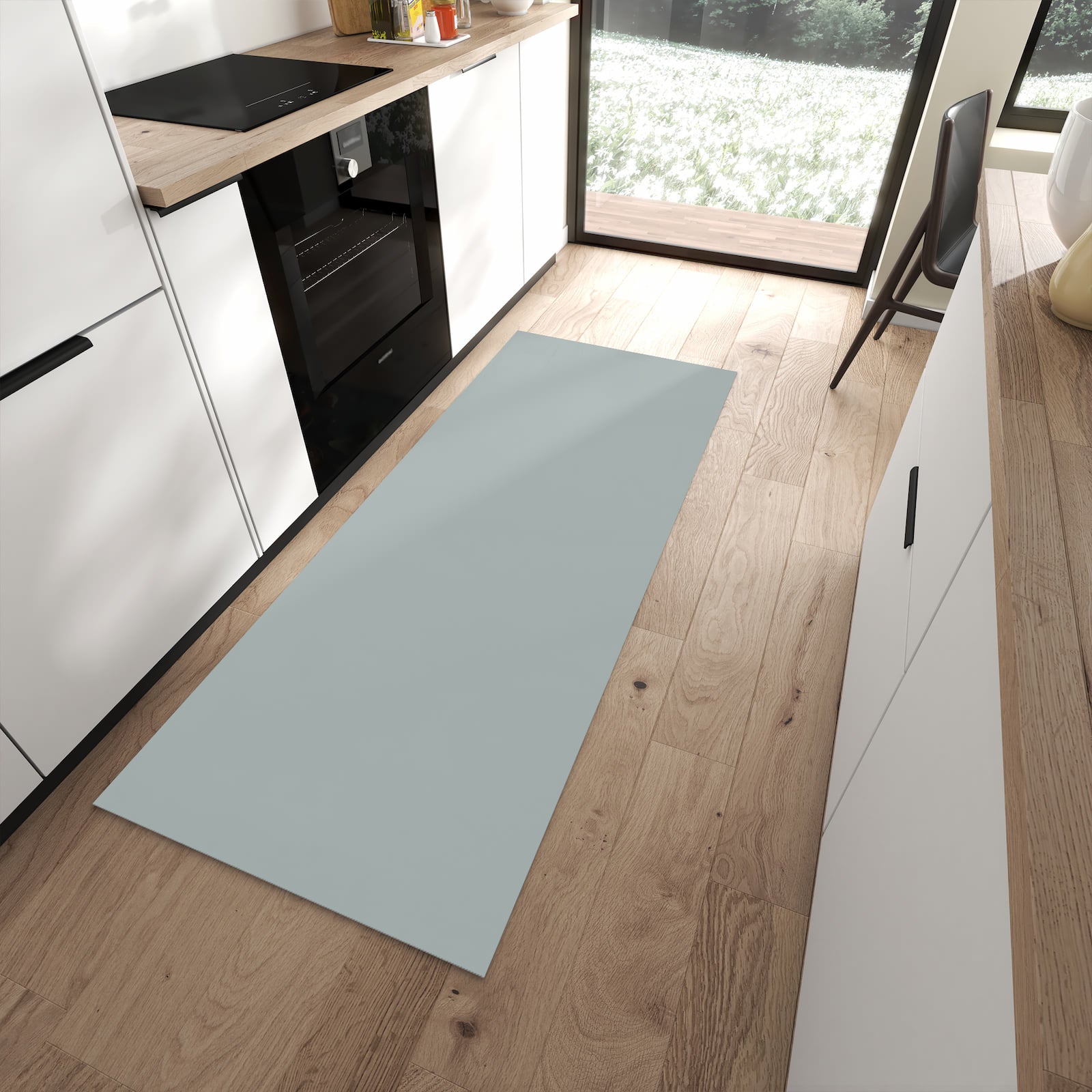 Dünner Küchenläufer mit Grauer Hintergrund III-Motiv in moderner Küche, fleckenresistent