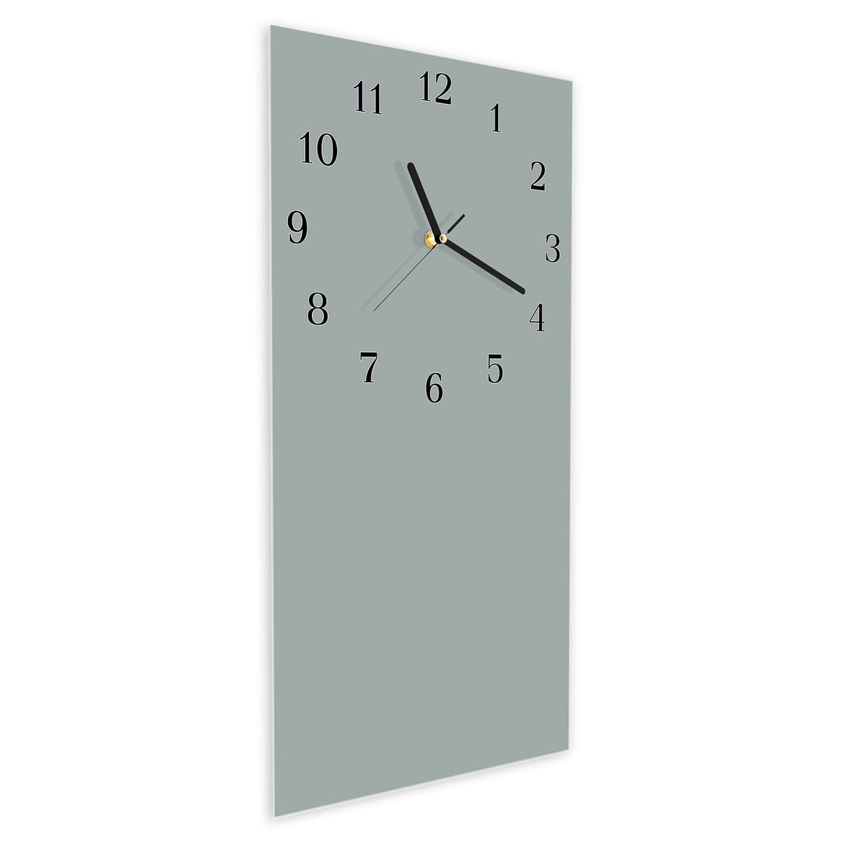 Wanduhr aus Glas im Hochformat Nebelgrau schräg von der Seite, 4 mm starkes Glas