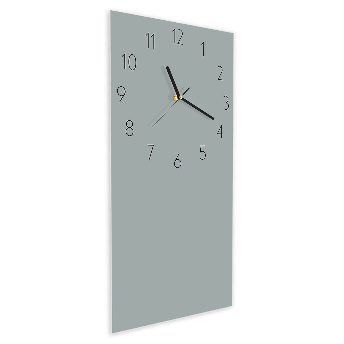 Wanduhr aus Glas im Hochformat Nebelgrau schräg von der Seite, 4 mm starkes Glas