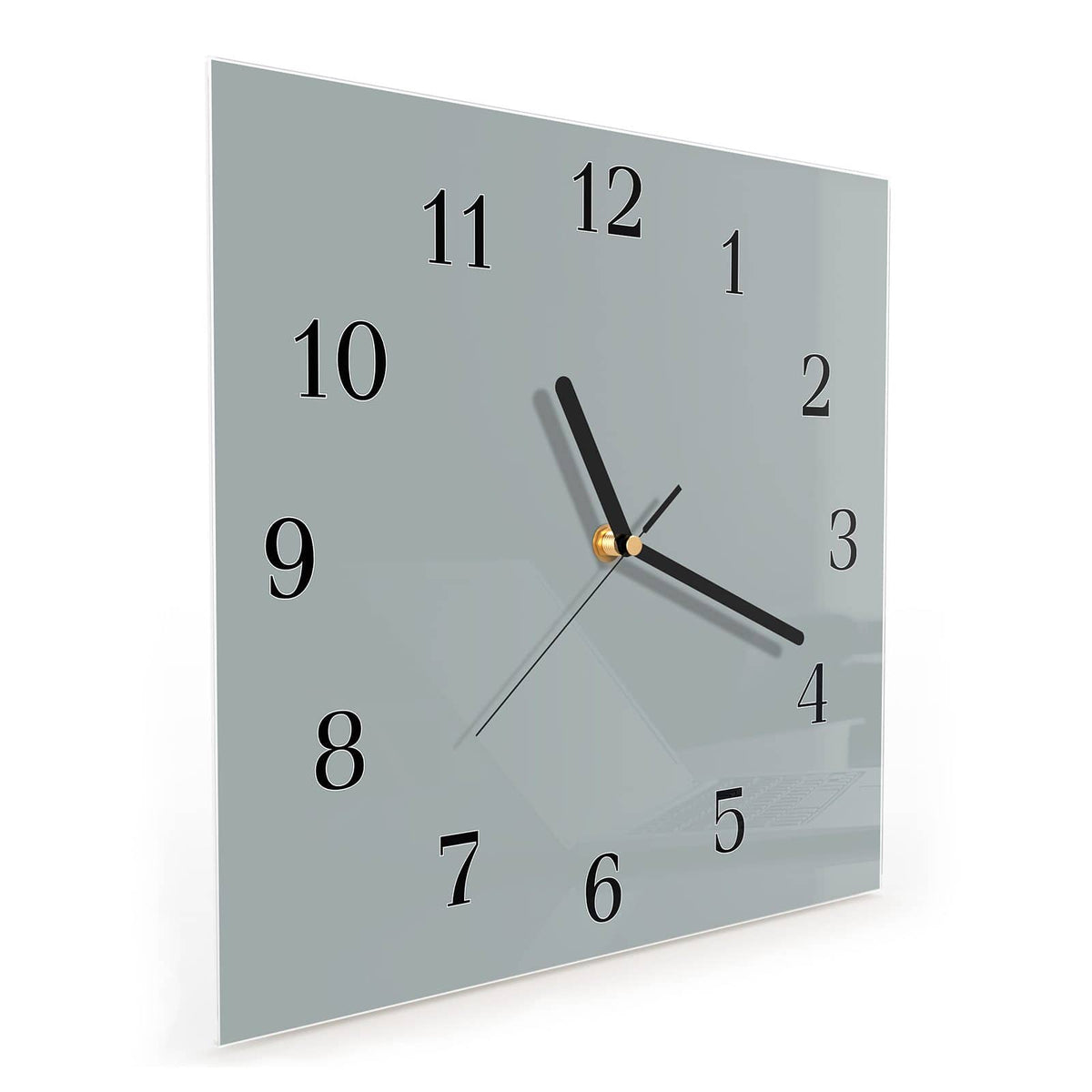 Quadratische Wanduhr aus Glas Nebelgrau schräg von der Seite, 4 mm starkes Glas