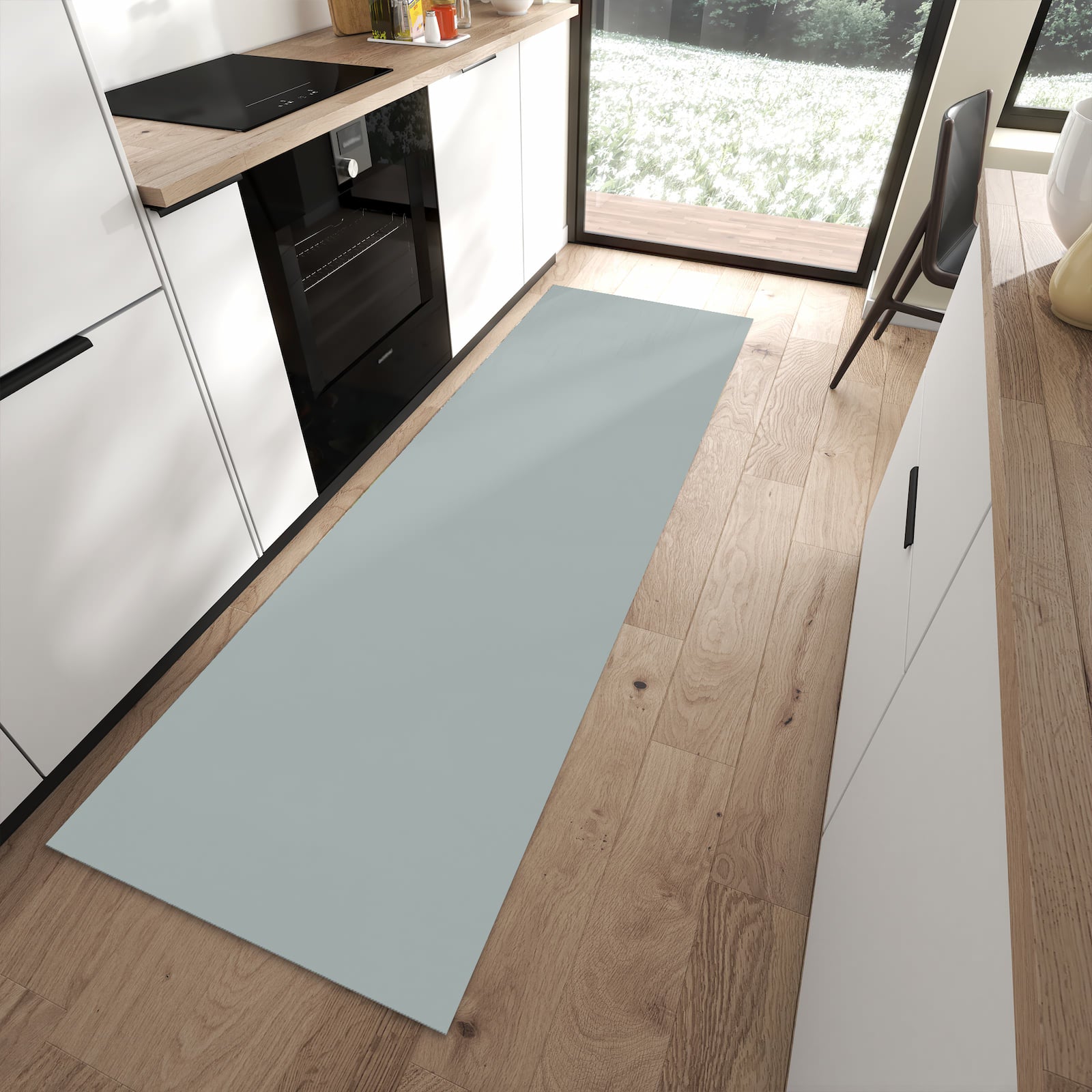 Geruchsneutraler Teppich mit Grauer Hintergrund III-Motiv in moderner Küche, waschbar