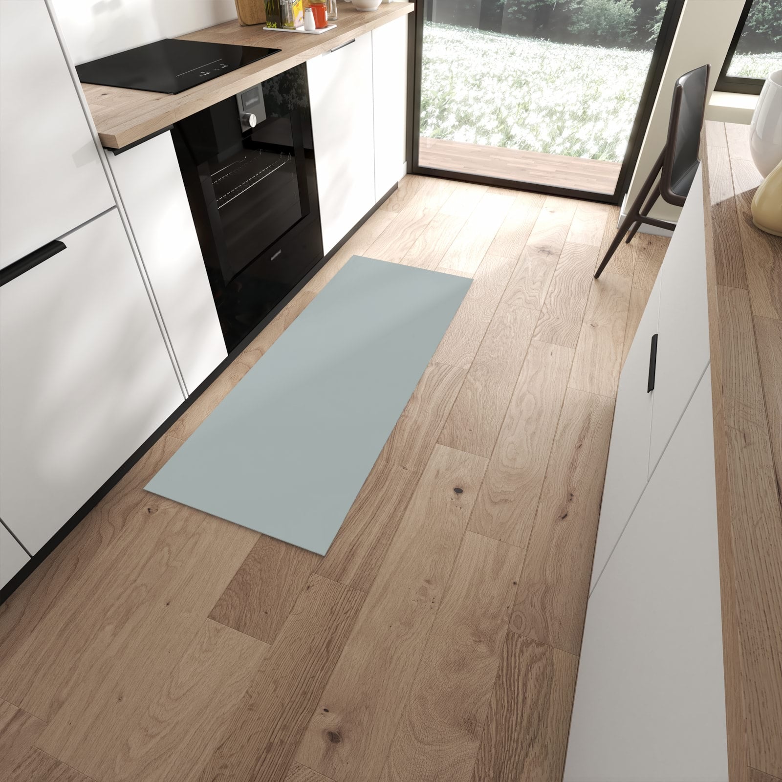 Waschbarer Küchenläufer mit Grauer Hintergrund III-Motiv in moderner Küche, schützt den Boden #grösse_60 x 150 cm