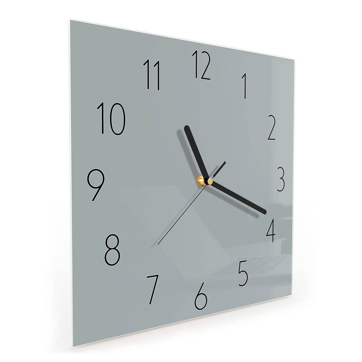 Quadratische Wanduhr aus Glas Nebelgrau schräg von der Seite, 4 mm starkes Glas