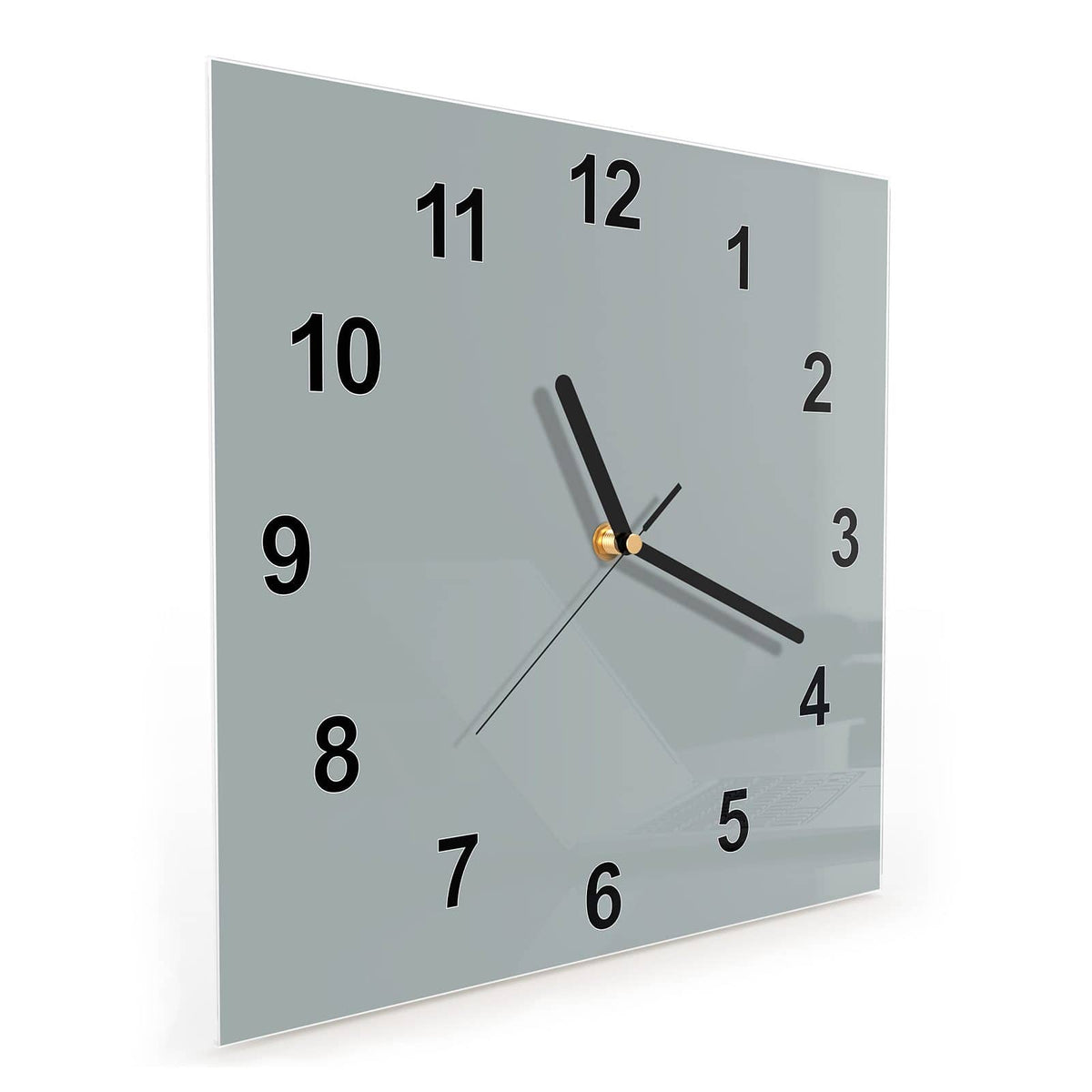 Quadratische Wanduhr aus Glas Nebelgrau schräg von der Seite, 4 mm starkes Glas