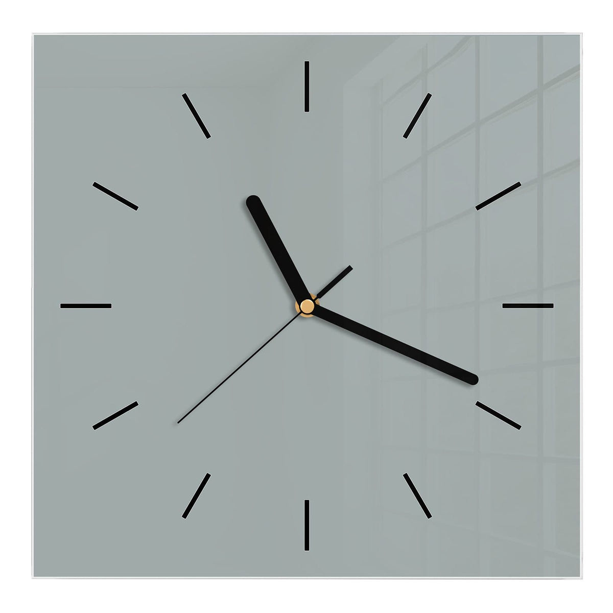 Wanduhr aus Glas, Ziffernblatt Linie mit Motiv Nebelgrau: Vollflächiges helles Grau mit leichtem Grünstich