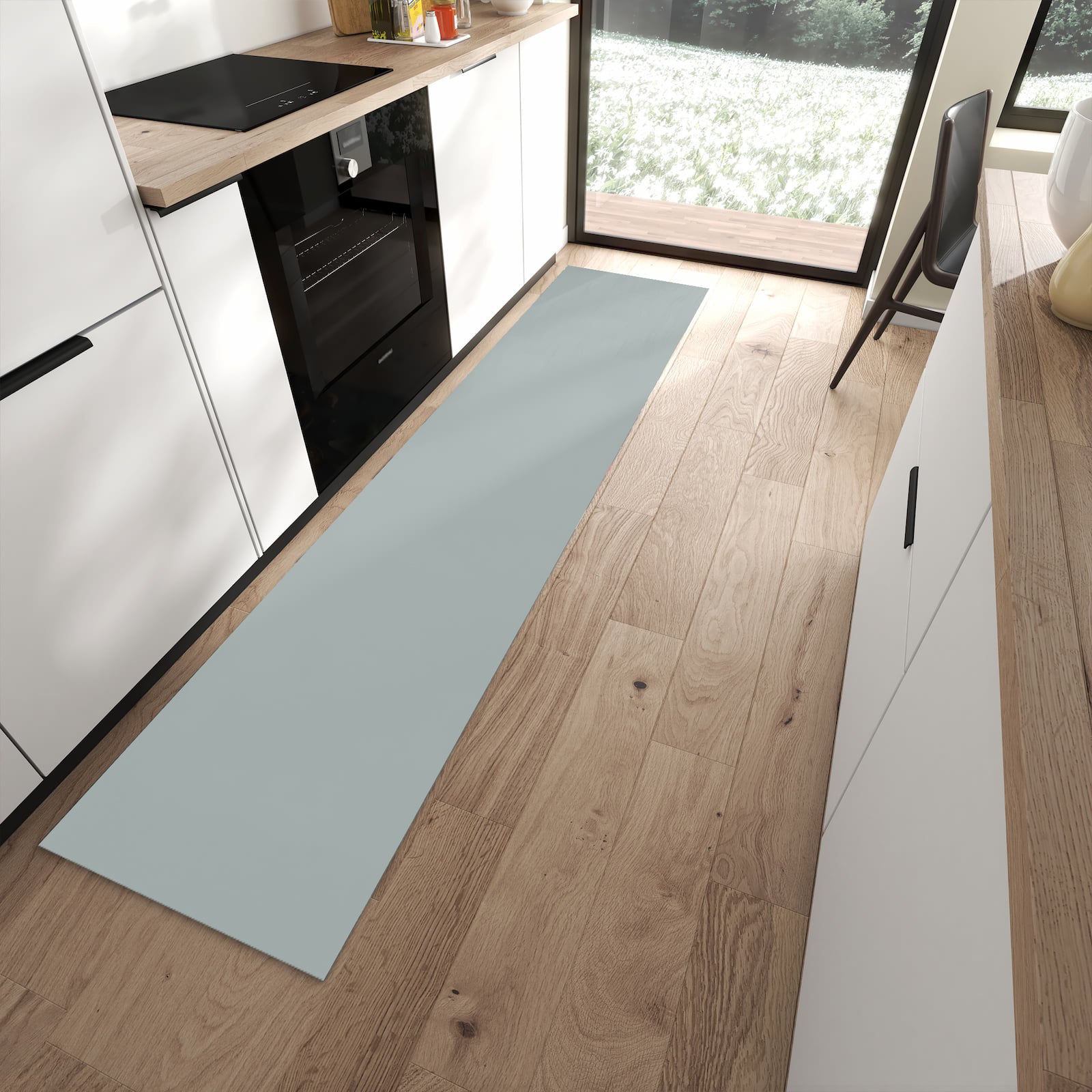 Bodenschonender Läufer mit Grauer Hintergrund III-Motiv in moderner Küche, rutschfest