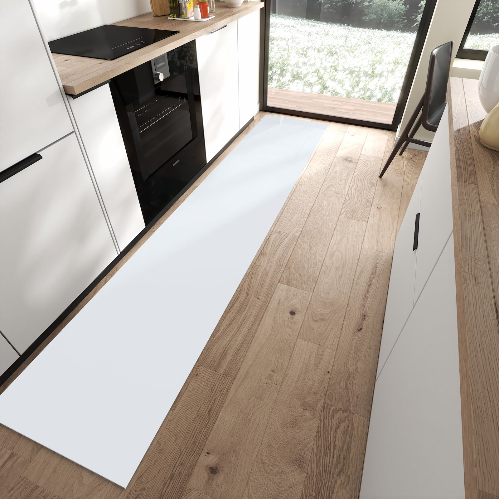 Küchenläufer mit hellgrauem Hintergrund in moderner Küche, bietet Trittkomfort