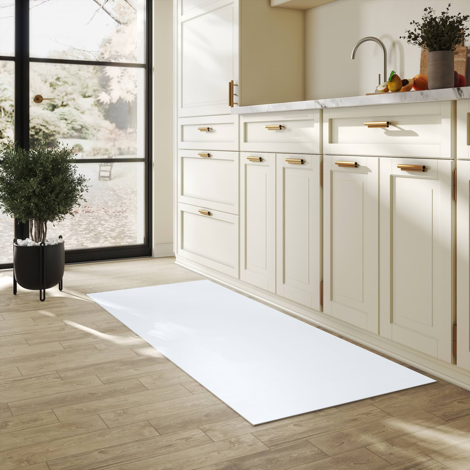 Fleckenresistenter Küchenläufer mit hellgrauem Hintergrund-Motiv in der Küche, waschbar