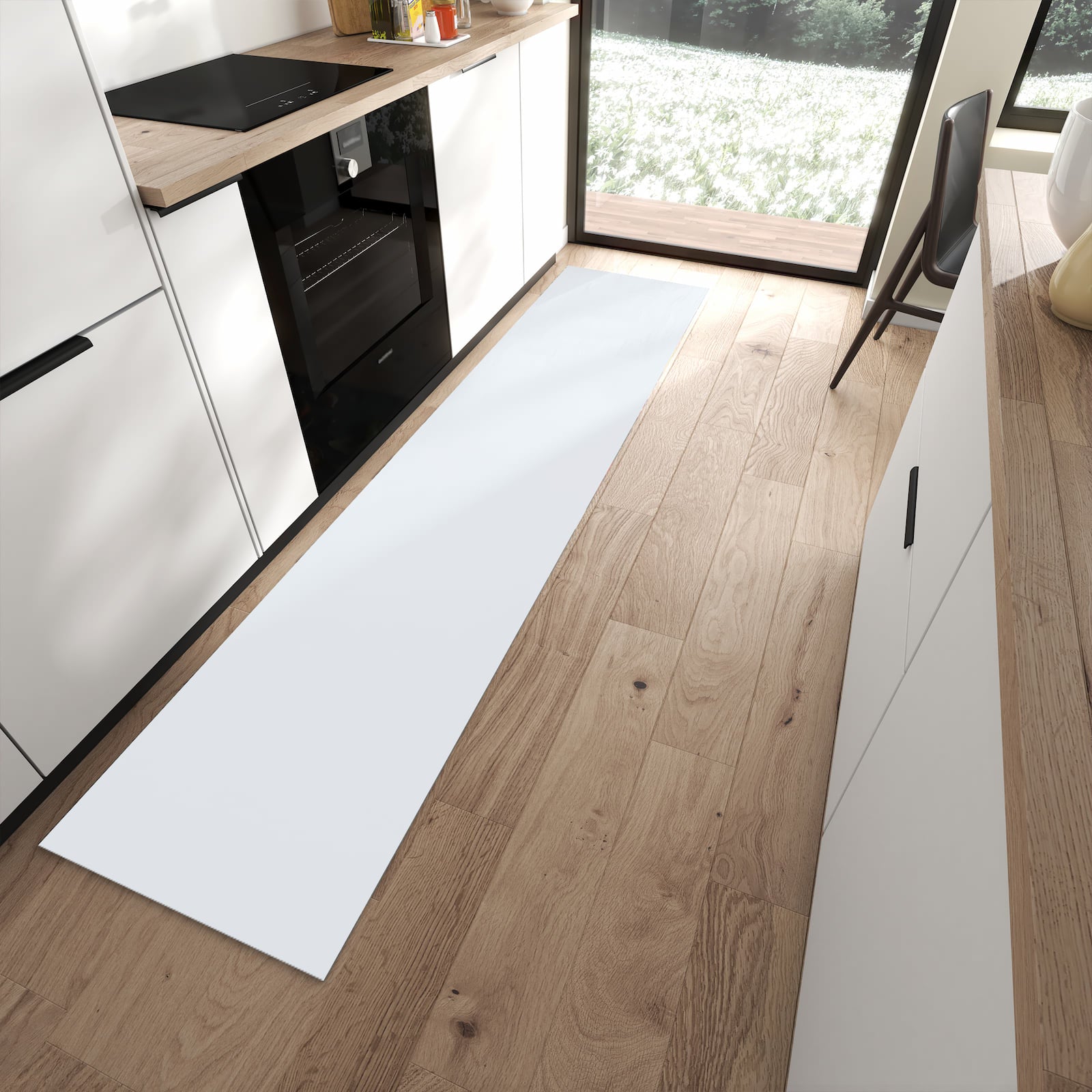 Waschbarer Teppich mit hellgrauem Hintergrund-Motiv in moderner Küche, wasserabweisend