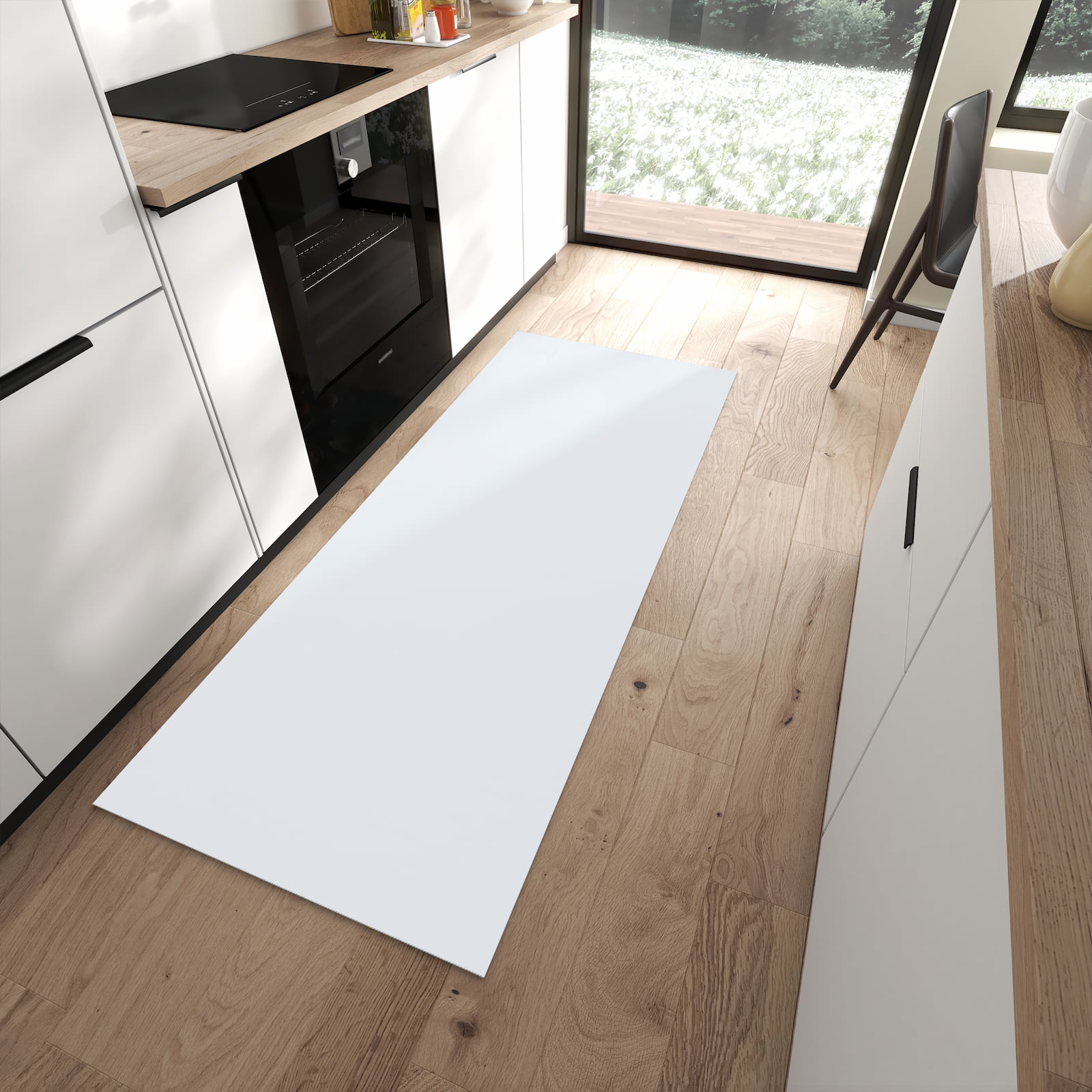 Grüner Küchenläufer mit hellgrauem Hintergrund-Motiv in moderner Küche, komfortabel