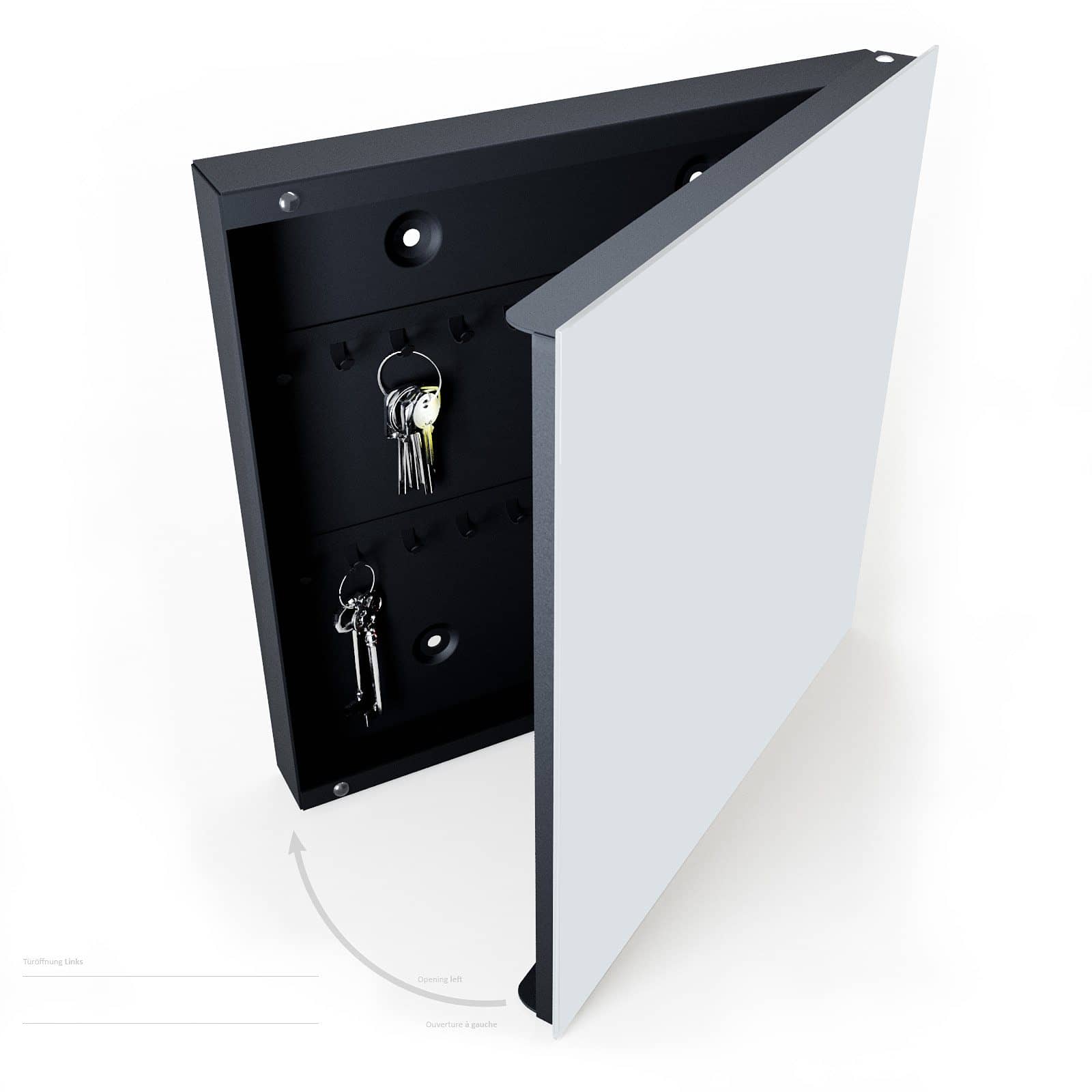 Sichere Schlüsselbox mit Motiv Hellgrauer Hintergrund halboffen mit Schlüsseln
