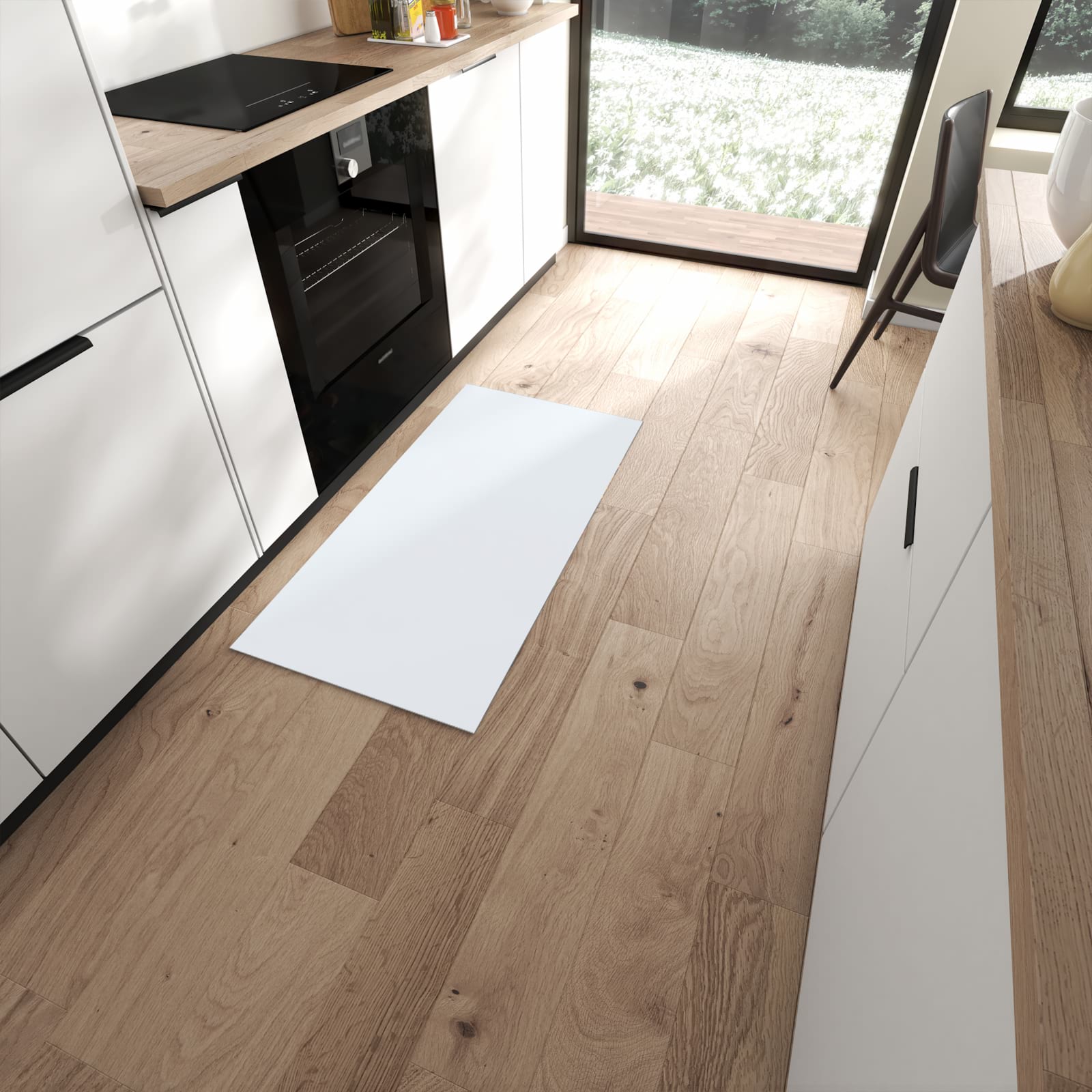 Dünner Küchenläufer mit hellgrauem Hintergrund-Motiv in moderner Küche, UV-beständig #grösse_60 x 120 cm