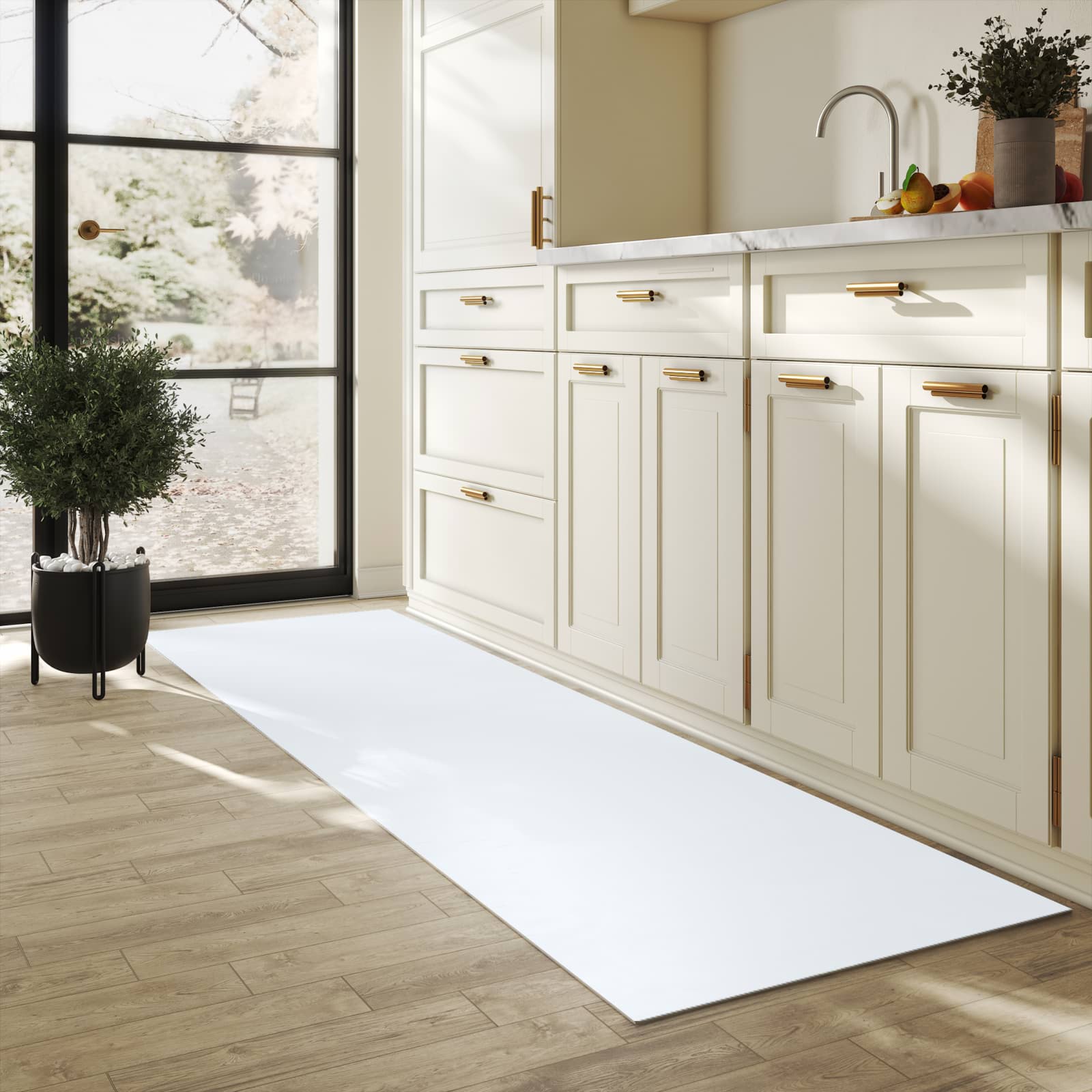 Abwaschbarer Küchenläufer mit hellgrauem Hintergrund-Motiv in der Küche, schmutzabweisend