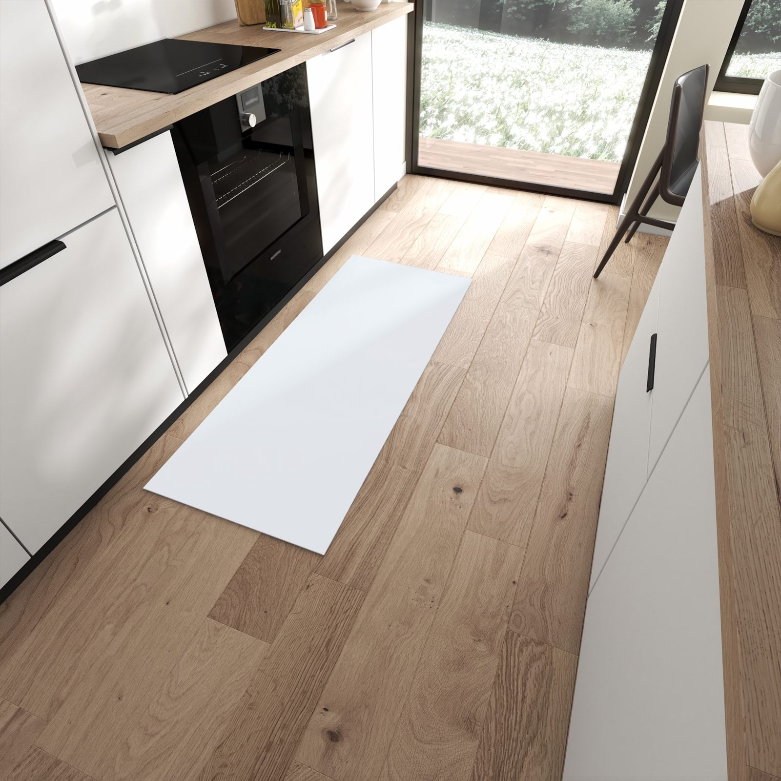 Rutschfester Küchenläufer mit hellgrauem Hintergrund-Motiv in moderner Küche, fleckenresistent #grösse_60 x 150 cm