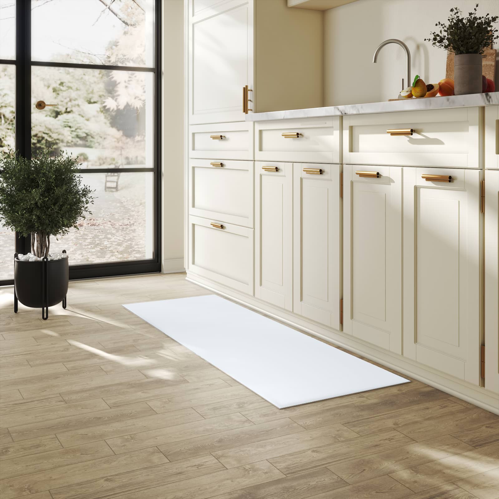 Waschbarer Küchenläufer mit hellgrauem Hintergrund-Motiv in der Küche, angenehme Haptik