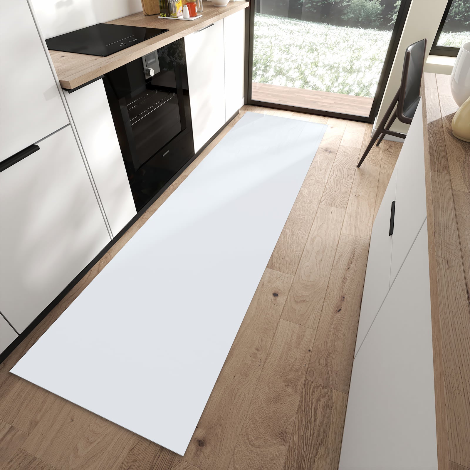 Geräuschdämpfender Bodenläufer mit hellgrauem Hintergrund-Motiv in moderner Küche