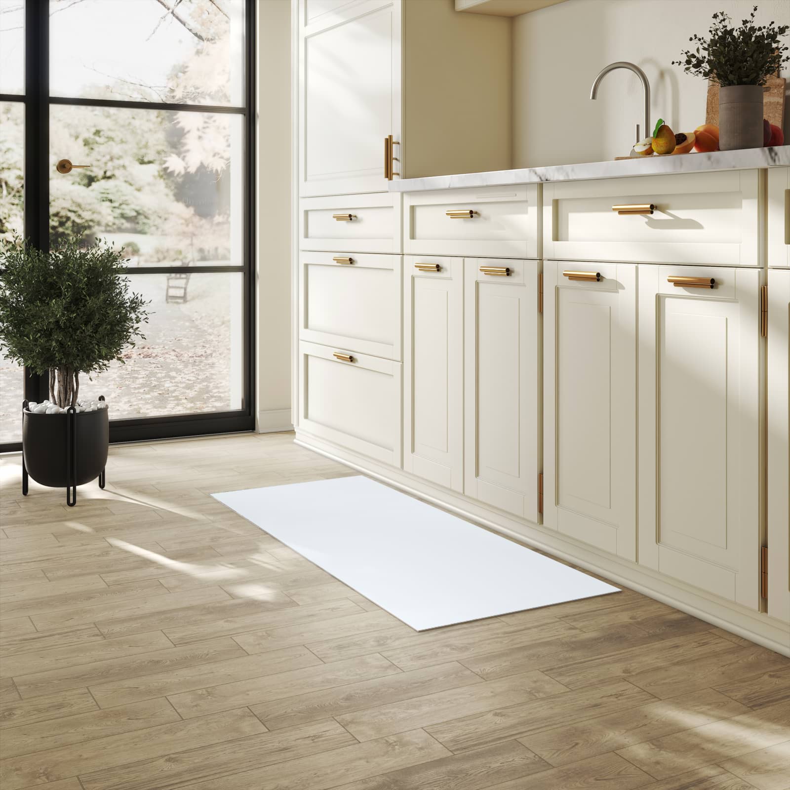 Rutschfester Küchenläufer mit hellgrauem Hintergrund-Motiv in der Küche, schützt den Boden