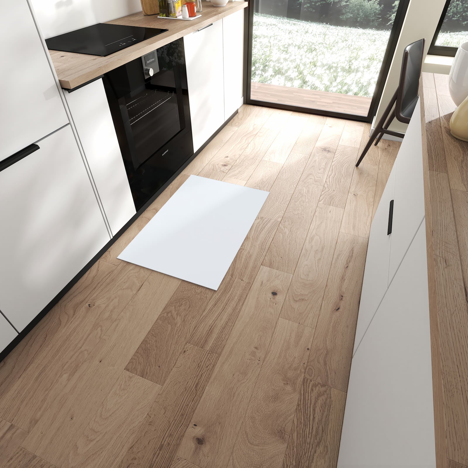 Rutschfester Küchenteppich mit hellgrauem Hintergrund-Motiv in moderner Küche, einfache Reinigung