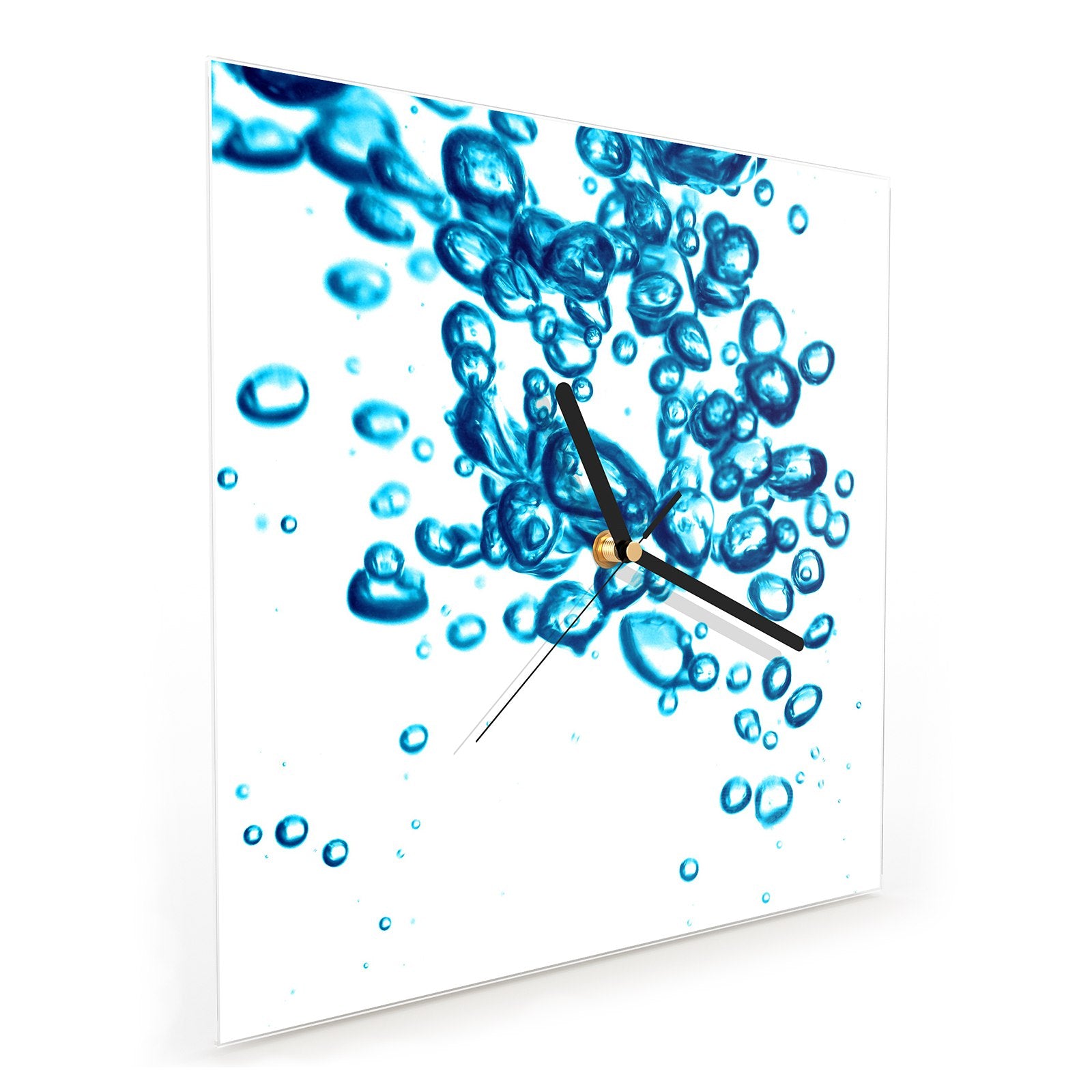 Wanduhr aus Glas Wasser
mit blauen Bläschen