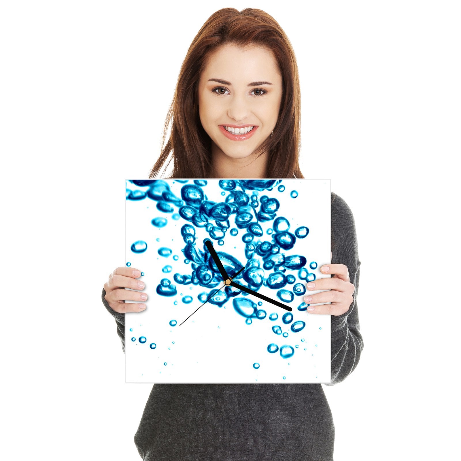 Wanduhr aus Glas Wasser
mit blauen Bläschen