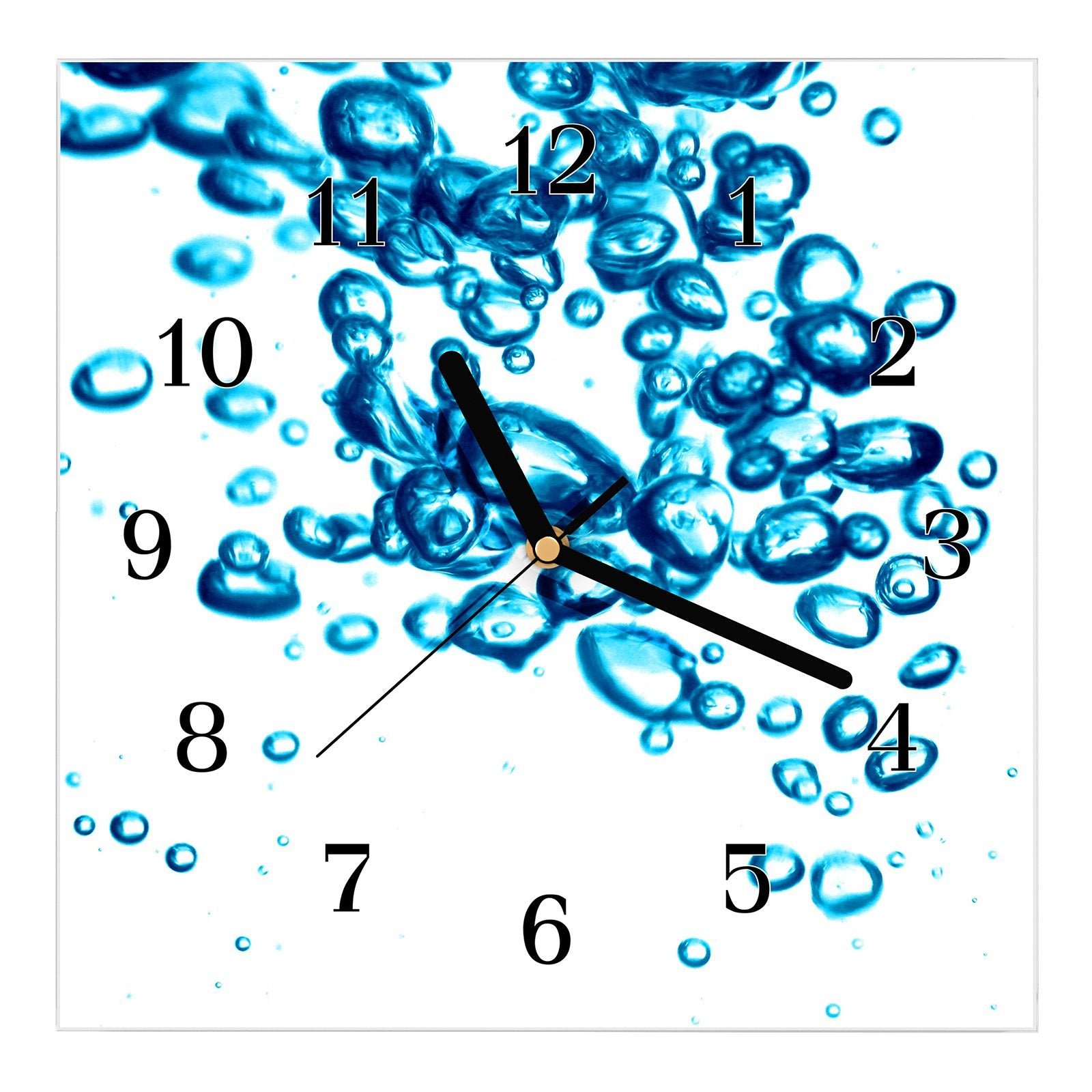 Wanduhr aus Glas Wasser
mit blauen Bläschen