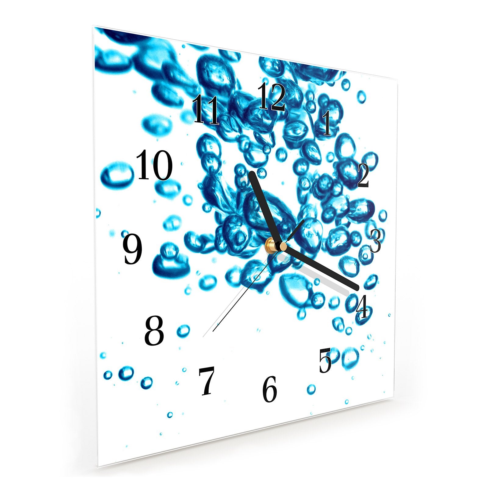 Wanduhr aus Glas Wasser
mit blauen Bläschen