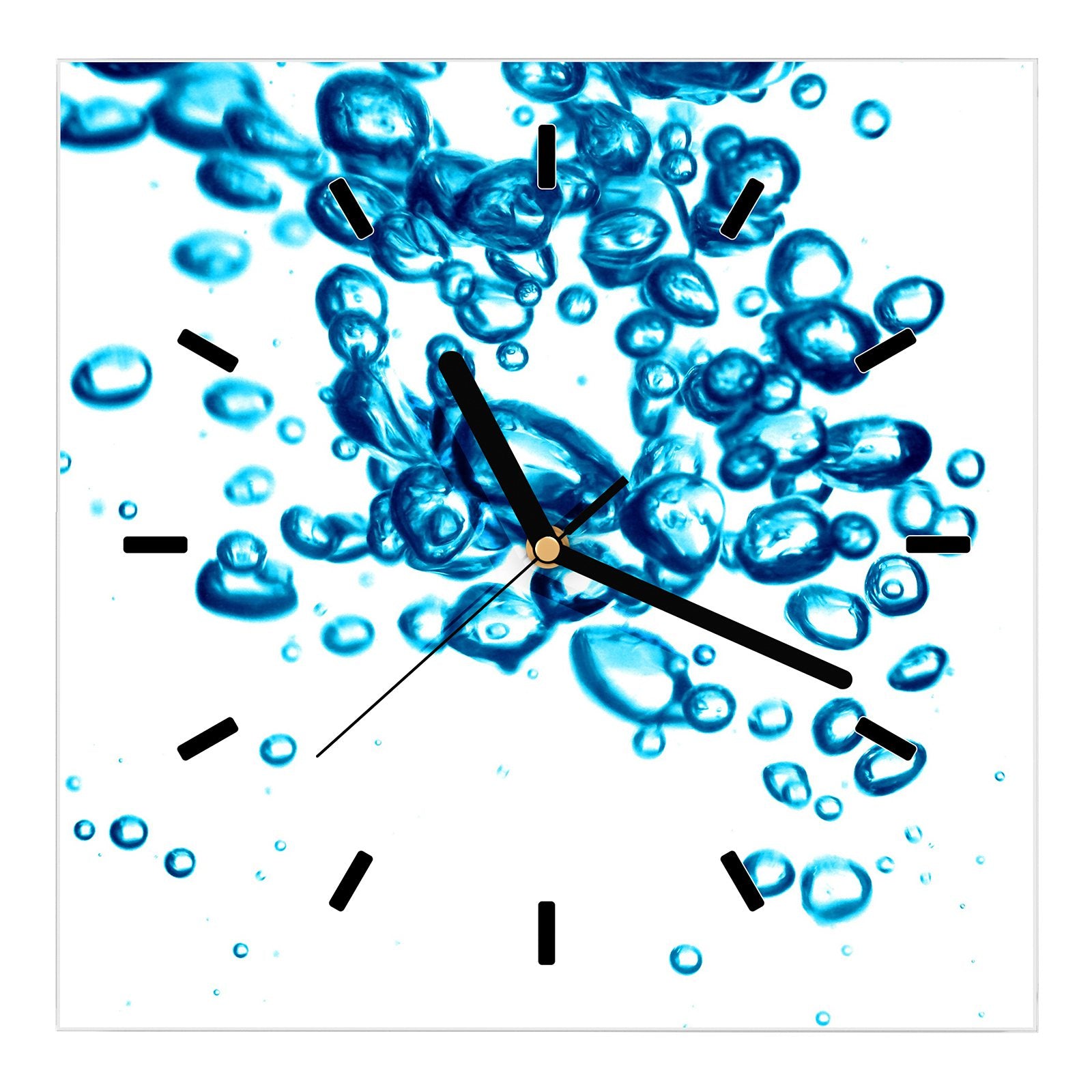 Wanduhr aus Glas Wasser
mit blauen Bläschen